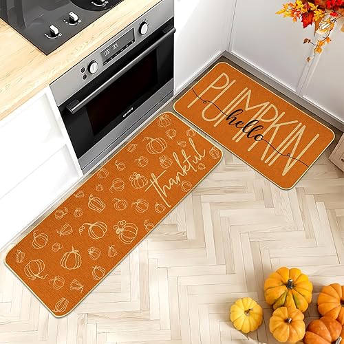 Miniatura 2 de Juego de 2 tapetes de cocina de otoño naranja con texto en inglés "Hello Pumpkin" para decoración del hogar, tapetes de cocina de bajo perfil para