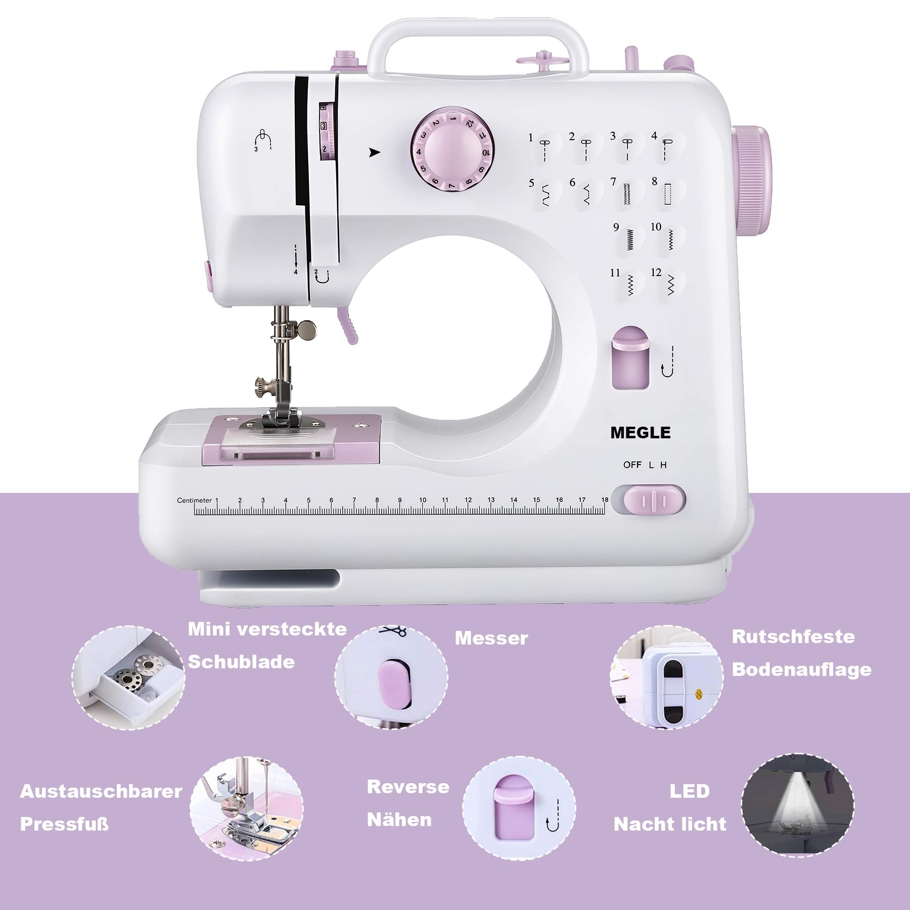 Machine à coudre pour débutants, machine à coudre multifonctionnelle pour la maison, pédale, guide rapide, enfilage automatique, double fil et double vitesse, 12 points intégrés, MEGLE FHSM-505