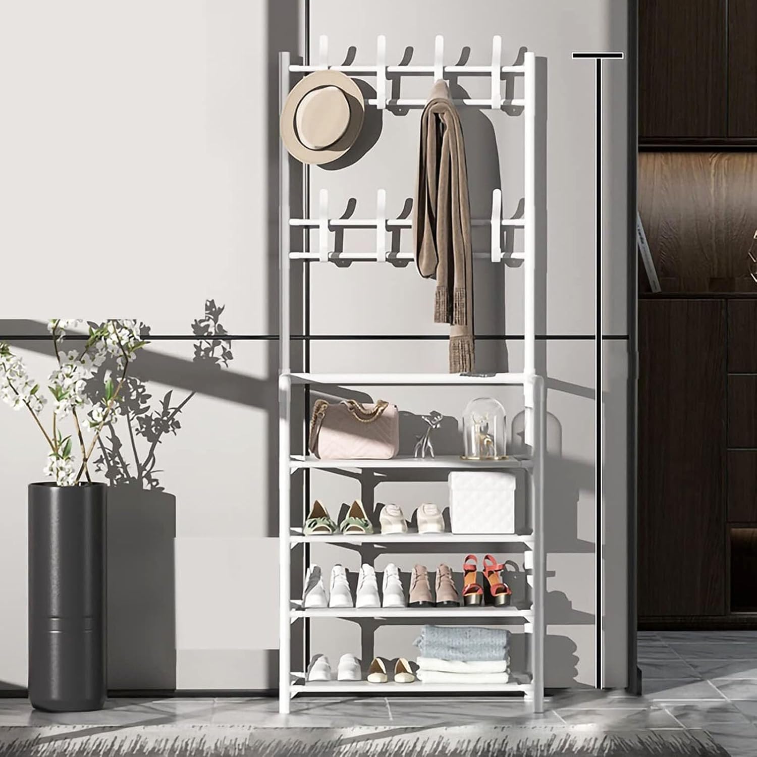 3-in-1 Industrial Hall Tree with 4/5-Tier Shoe Rack, Coat Rack, and Bench, Entryway Organizer with 8 Hooks, Freestanding(White,4F:60CM*26CM*152CM)