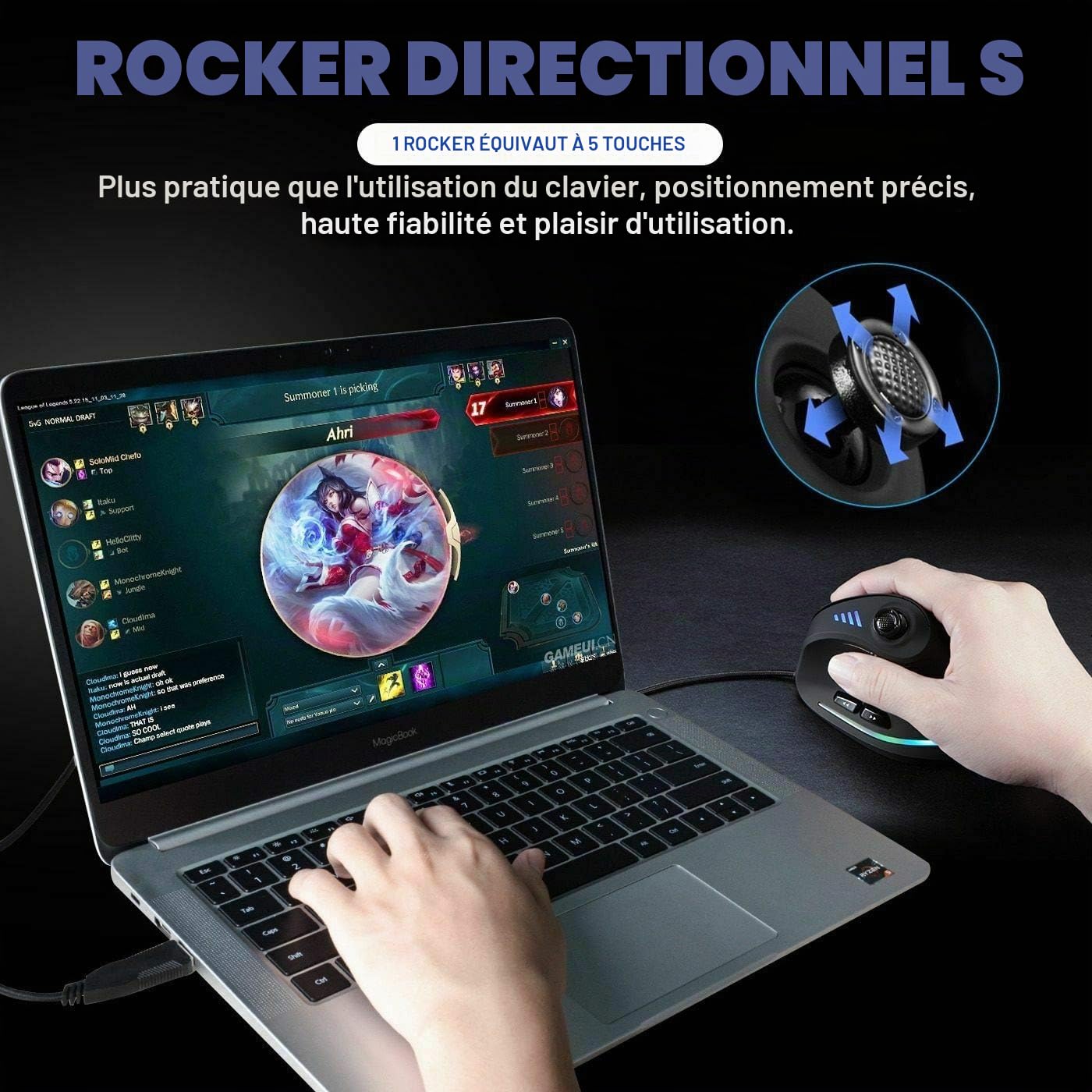 Souris Ergonomique Filaire Verticale Gamer - 10000 DPI Capteur PAW3325, Souris avec Fil Joystick 5 Directions, Mouse 11 Touches Programmables, Anti-Tunnel Carpien pour Jeu FPS/MOBA/MMO/PC/Bureau
