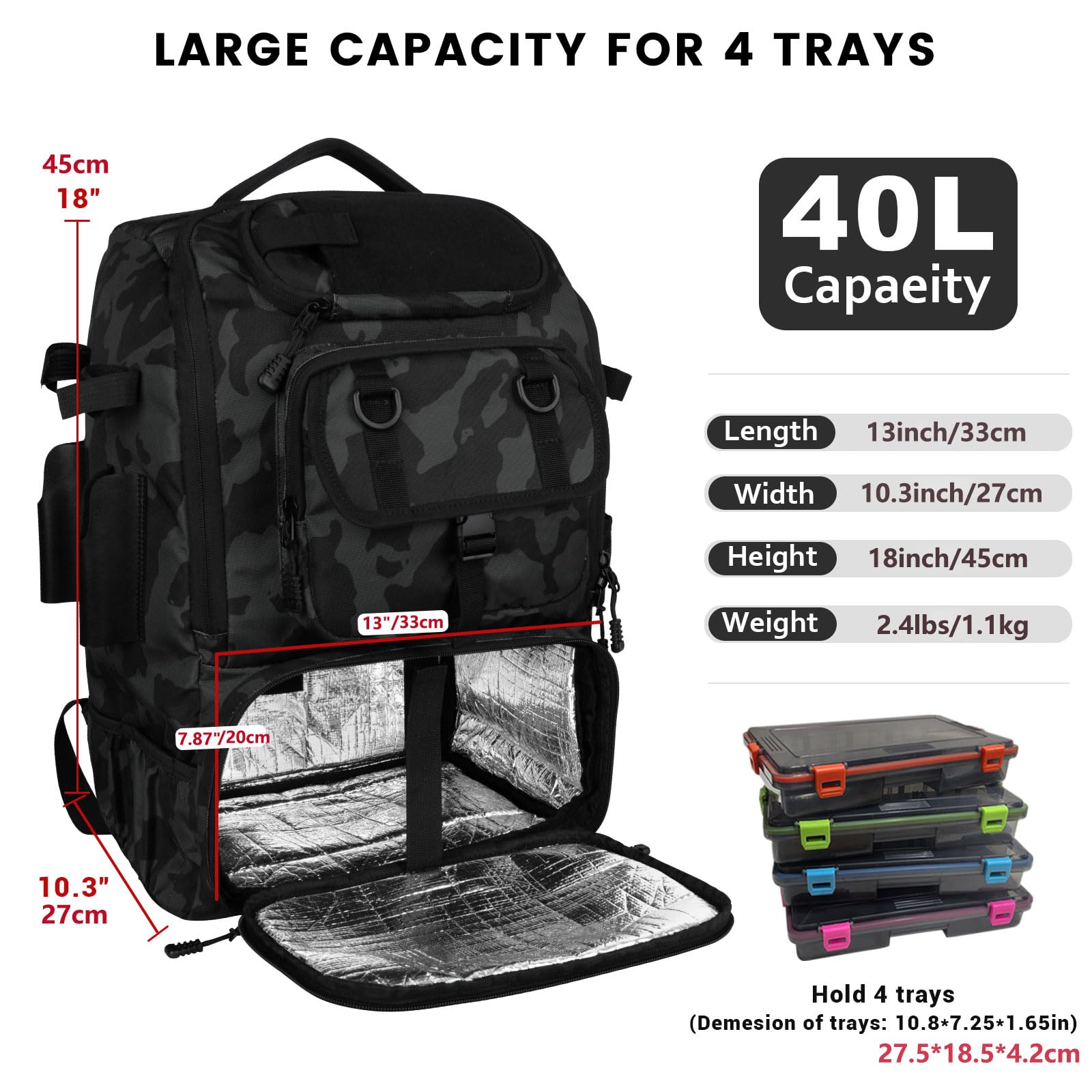 Hp hope Sac à dos de pêche avec porte-canne et refroidisseur, 40 l Sac d'équipement de pêche, équipement de pêche, sac à dos, équipement de pêche, 40 Liter, Sac à dos