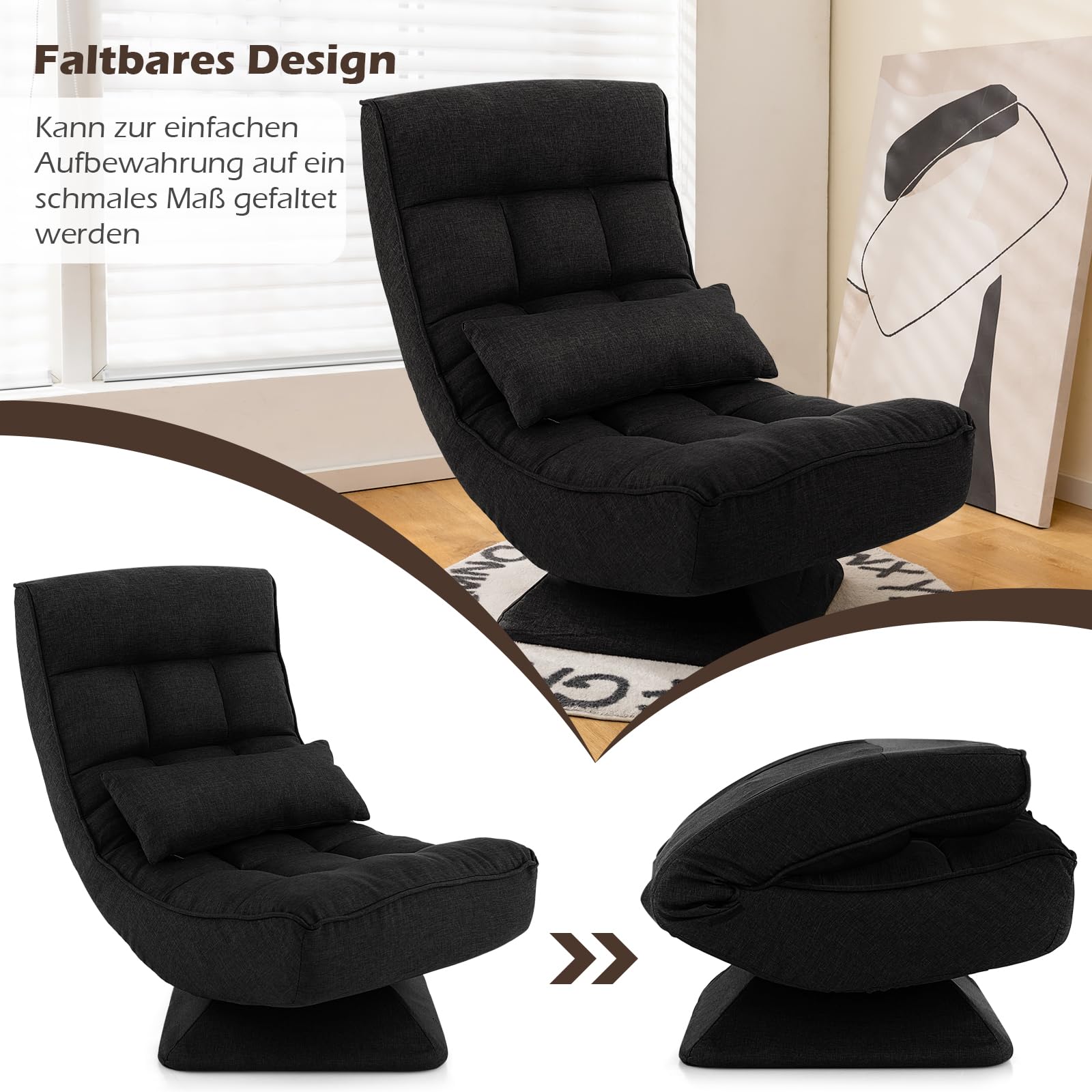 RELAX4LIFE Silla de Suelo Giratoria de 360° con Respaldo Ajustable de 4 Ángulos, Sofá Perezoso, Silla de Meditación Plegable con Cojín Lumbar para Oficina y Hogar (Negro)