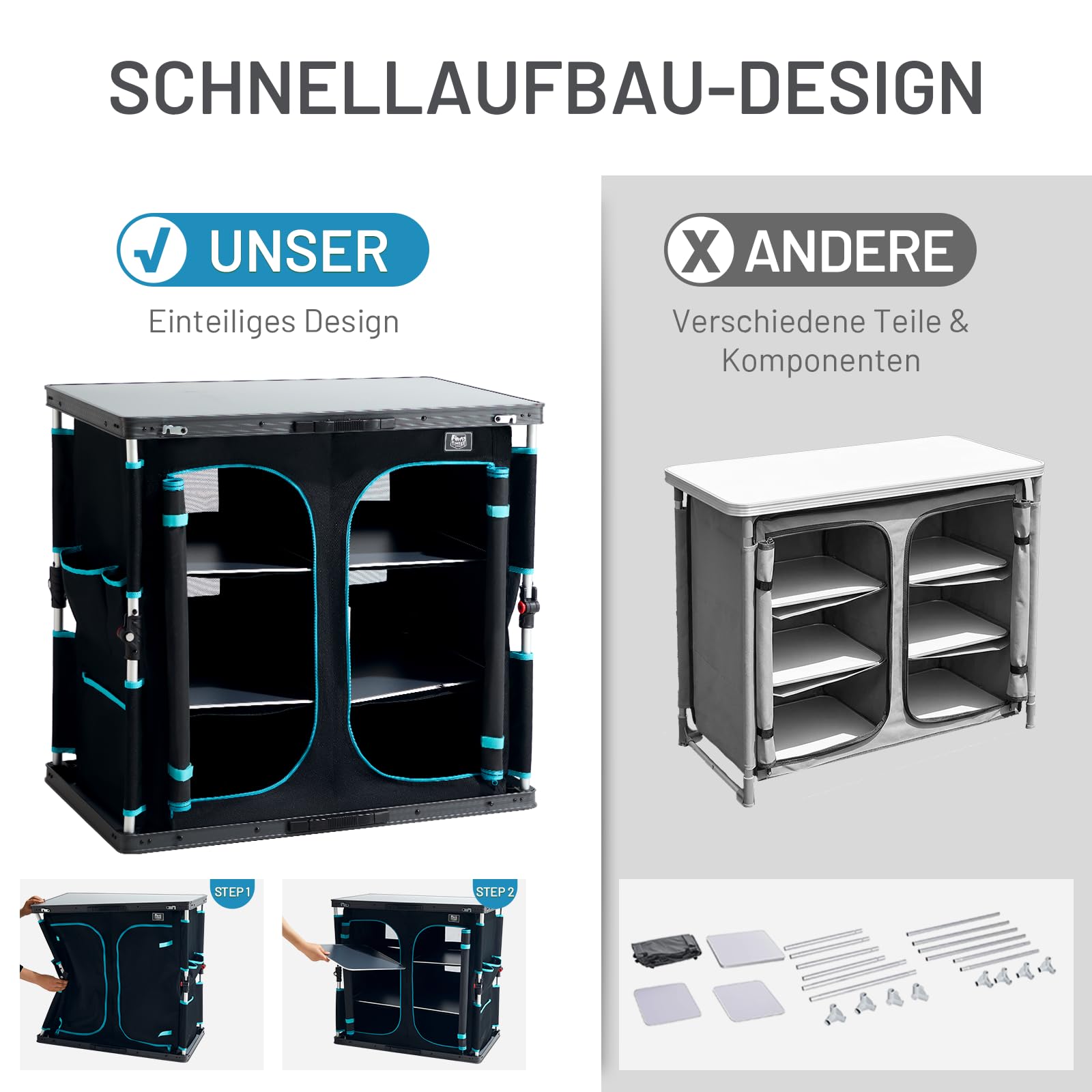 TIMBER RIDGE Campingküche Campingschrank Faltbar Aluminiumgestell Camping Regal Klappbar Outdoor Faltschrank All-in-one Küchenbox mit Tragetasche