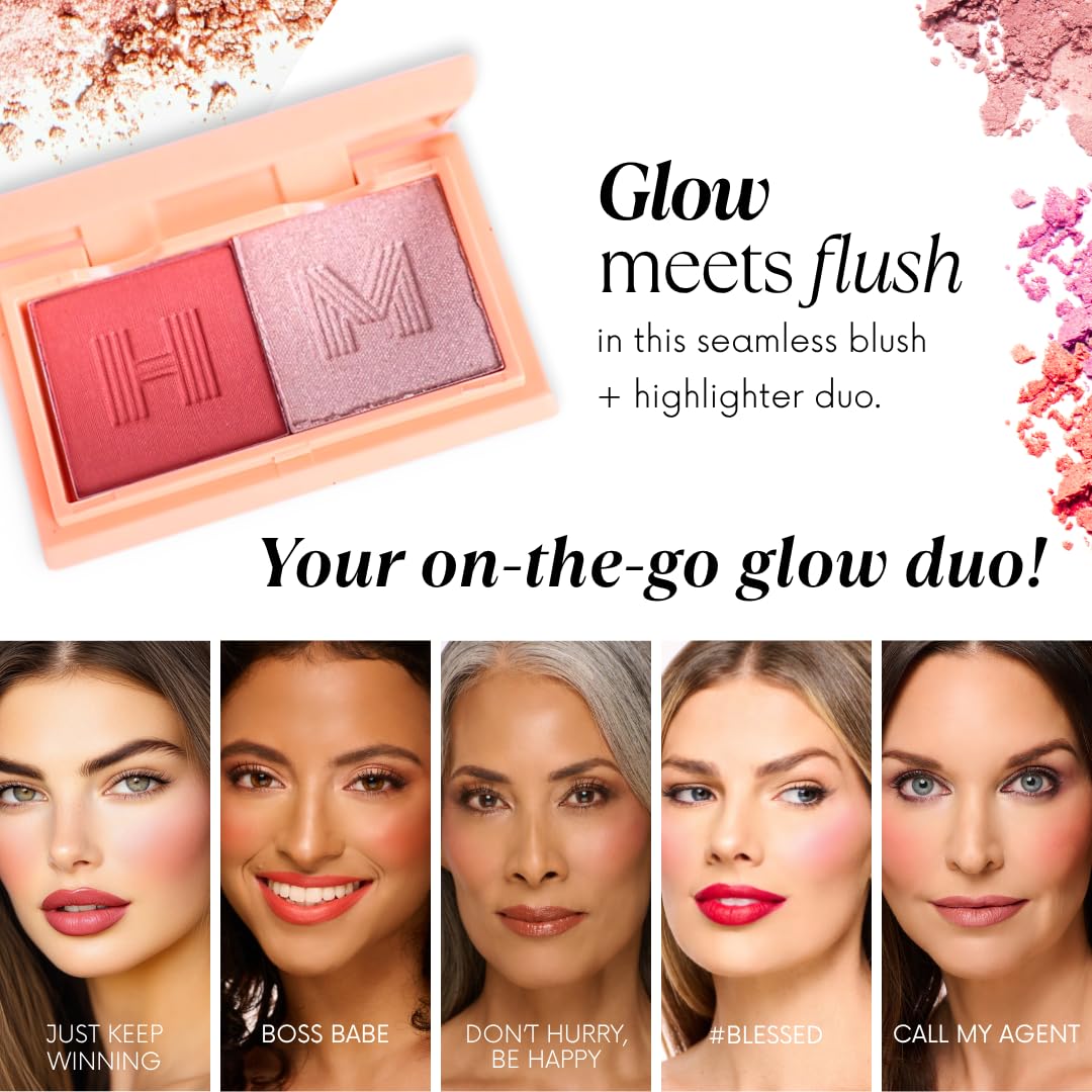 Blush + Brighten Highlighter Duo, Mini Lightweight Blendable Shimmer Blush, High Pigmented Makeup Powder Palettes, Cruelty Free - BoSS Babe
