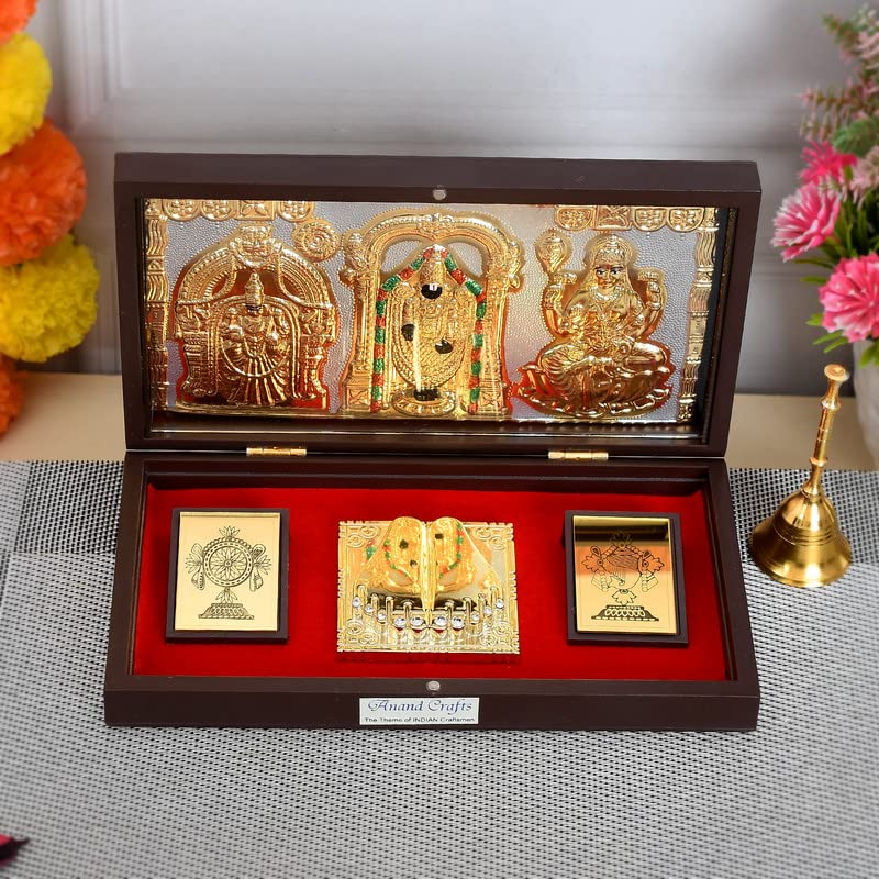 Image of Tirupati Balaji Idol with Charan Paduka | Tirupati Balaji Photo with Frame | Charan Paduka Box for Pooja, Weeding Gifts & House Warming | Gold Plated | Diwali Gifts