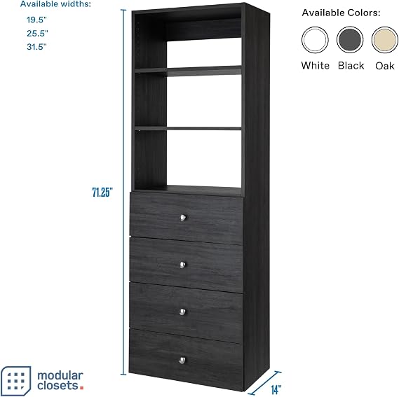 Closet Shelves Tower - Modular Closet System With Drawers (4) - Corner Closet System - Closet Organizers And Storage Shelves (Gray, 19.5 inches Wide) Closet Shelving