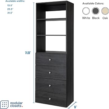 Closet Shelves Tower - Modular Closet System With Drawers (4) - Corner Closet System - Closet Organizers And Storage Shelves (Gray, 19.5 inches Wide) Closet Shelving