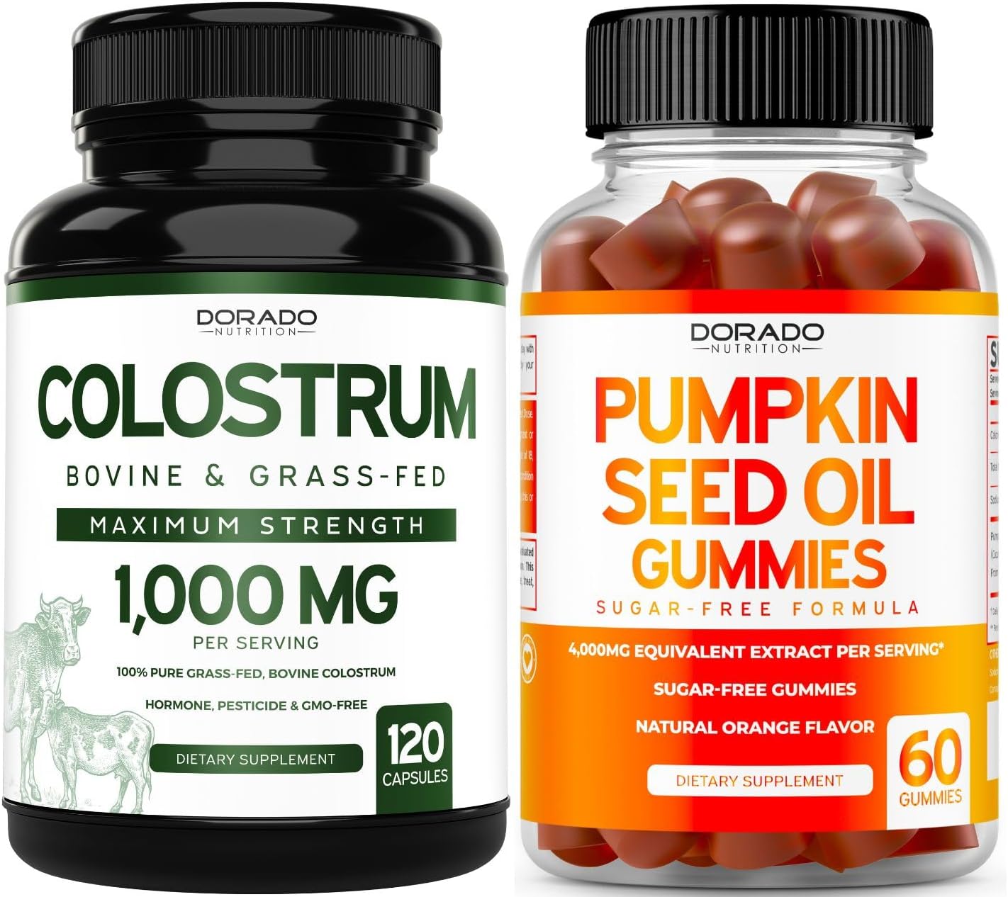 Pumpkin Seed Oil (60 Gummies) Hair Growth and Bladder Control - Sugar Free Gummy - Delicious Orange Flavor and Colostrum (120 Count) Bovine Colostrum Capsules Supplements - Vegan Safe & Made in USA