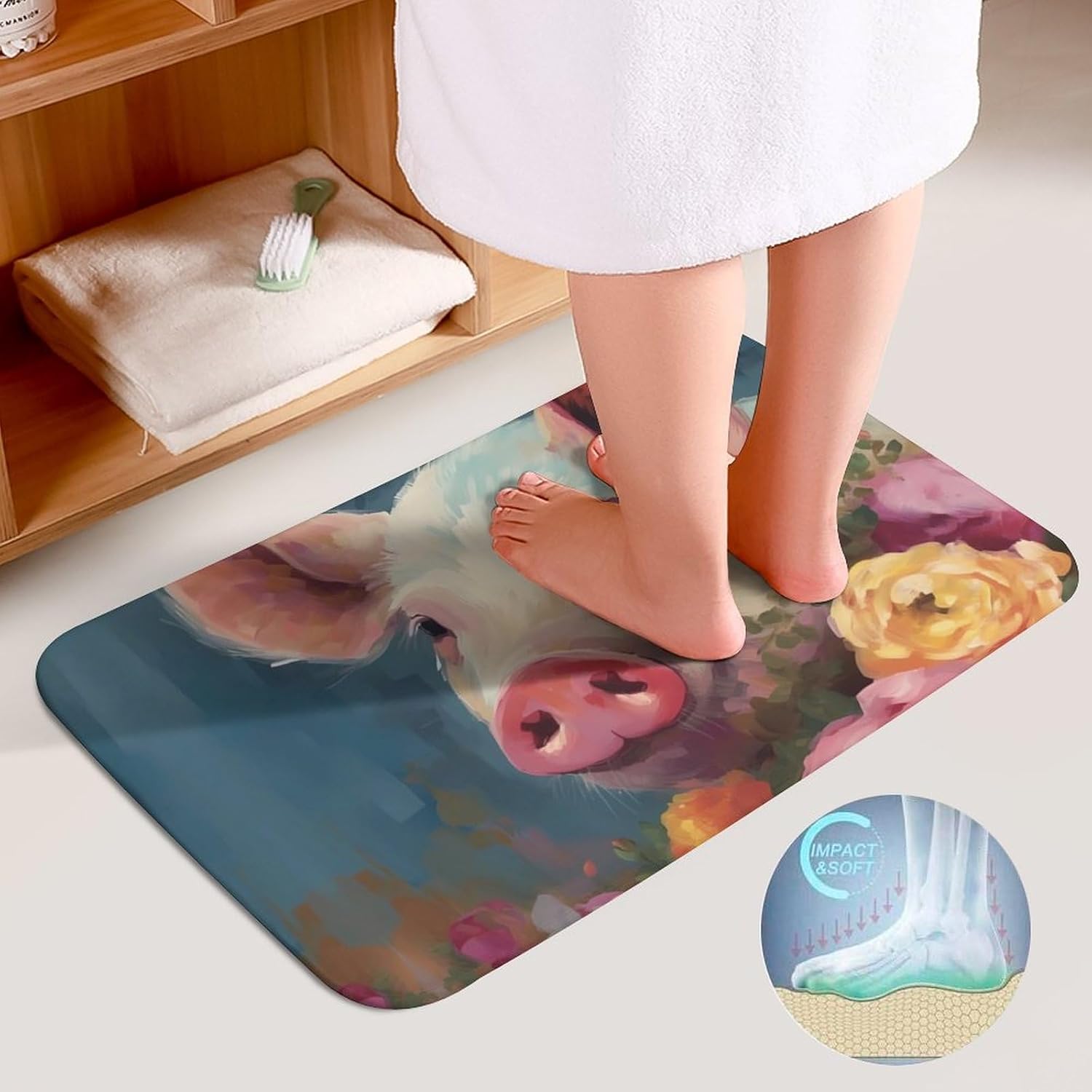 Anti-Skid Floor Mats 3 Piece Set,Painting Flower Pigs Printed Coral Fleece Bathroom Mats U-Shaped Contour Mat Toilet Seat Cover for Bathroom, Tub, Shower, Kitchen 19.7"x31.5"
