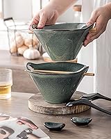Vista 6 de UNICASA Juego de 2 cuencos japoneses para ramen con palillos, cucharas y reposos, 26 onzas, para fideos de porcelana profunda, para Udon, Pho, Verde