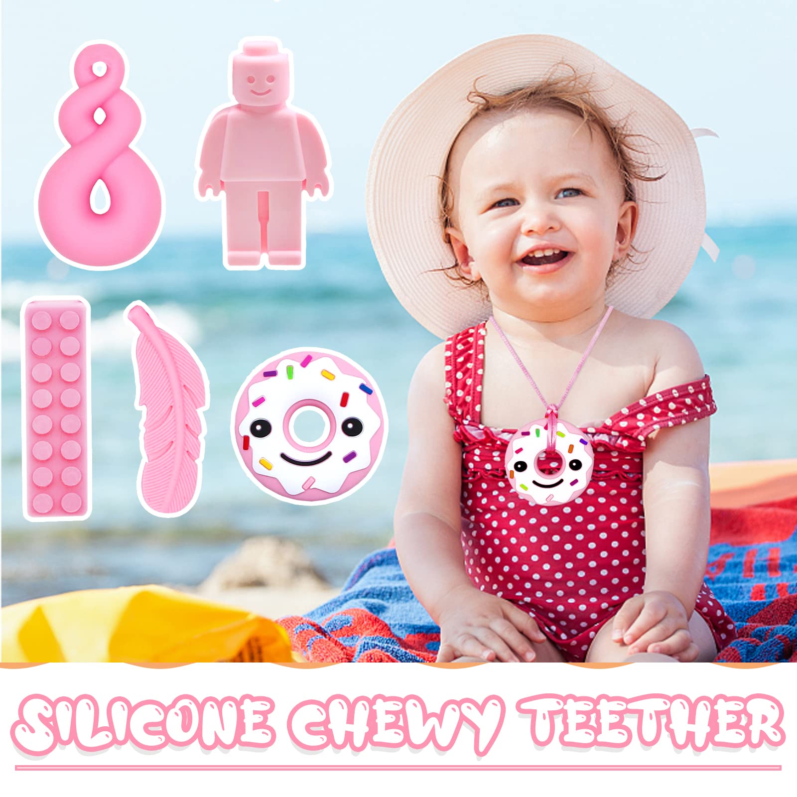 5 collane sensoriali da masticare, giocattoli da masticare rosa per bambini autistici, ansia, bisogni morsi in silicone masticabile, giocattolo per dentizione in silicone per uso alimentare, per