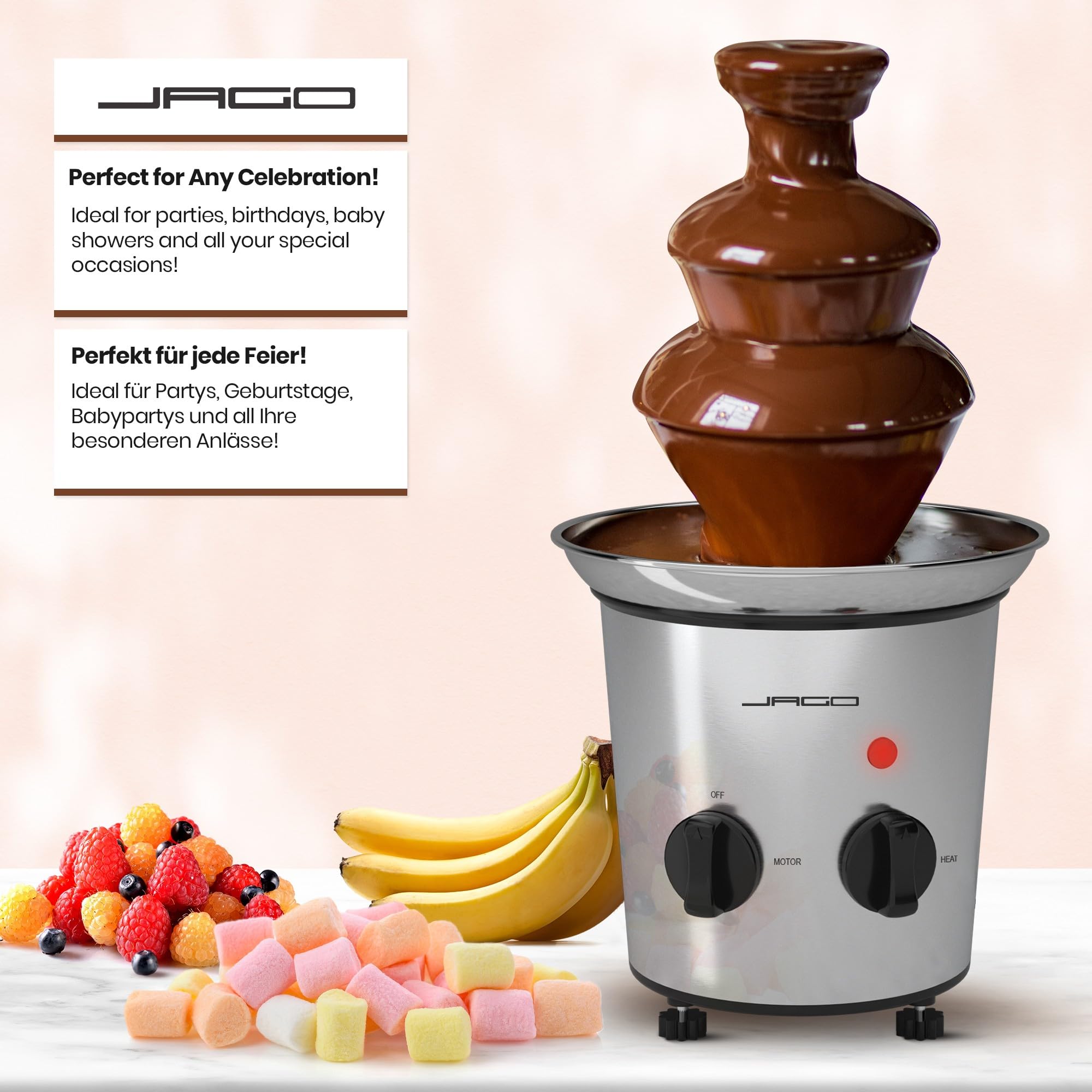 Jago® Schokoladenbrunnen 275W - 3 Etagen, Max. Kapazität 1 kg Schokolade, Edelstahl, Spülmaschinengeeignet, Silber - Schokobrunnen, Schokofondue, Schokoladenfondue, Schokoladenfontäne