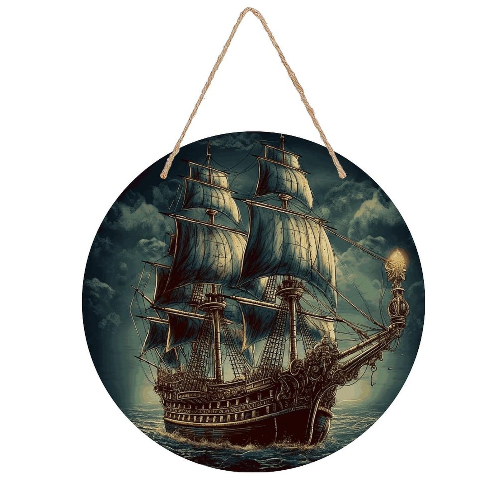 Nautical Vintage Sailing Pirate Ship Wall Art Neutral Abstract Wooden Walls Hanging Picture Sturdy Farmhouse Round Walls Hanging Vintage Framed Wall Prints for Living Room