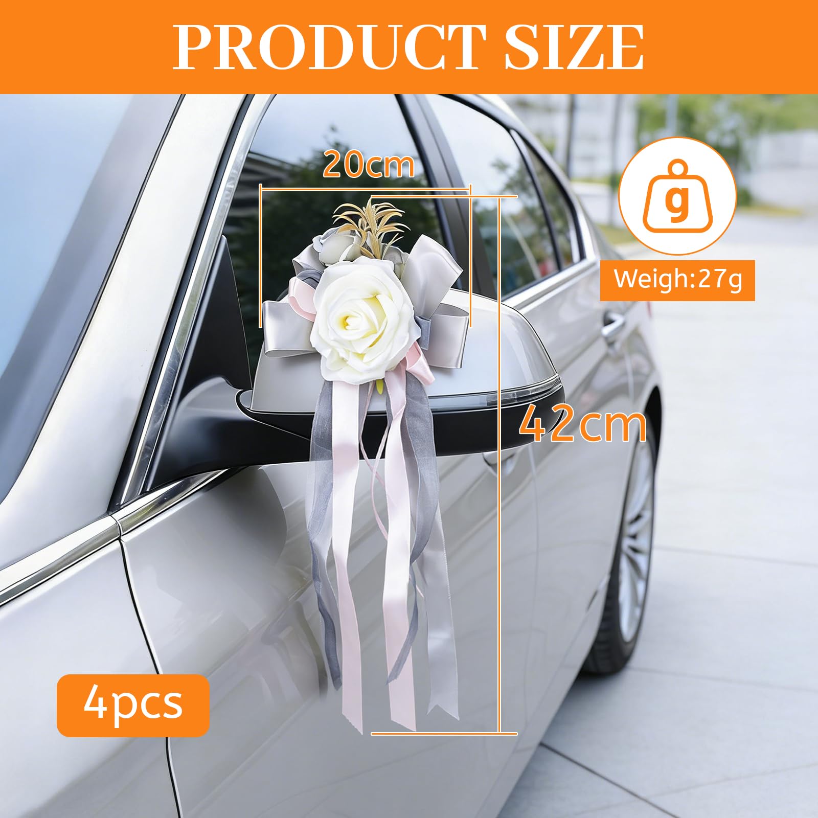 DBREAKS 4 Piezas de decoración para Coches de Boda, Floral para manillas de Puertas de Coches, Rosa Blanca Artificial con ventosas, para retrovisores