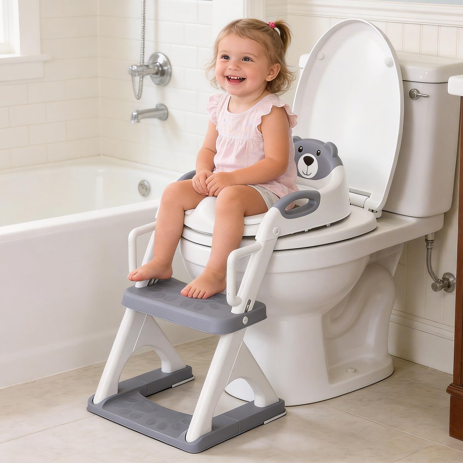 SKYROKU 8899Pro - Sedile WC per bambini, ragazzi e ragazze, 2 in 1, con paraspruzzi, antiscivolo, più sicuro e comodo (8899Pro, grigio)