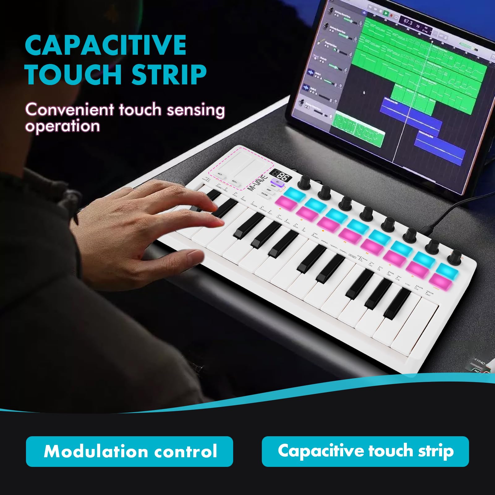 Nikou M-VAVE - Controller per tastiera MIDI, USB mini 25 tasti, ricaricabile, tastiera portatile elettrica con cuscinetti per batteria RGB, batteria integrata (bianco)