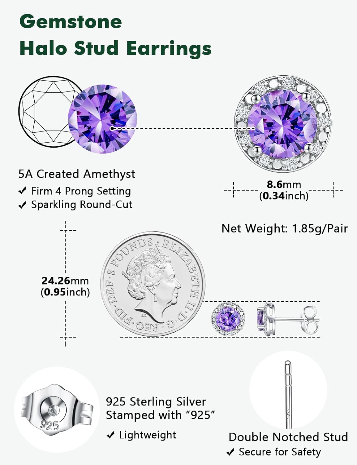 Dainty Birthstone Earrings for Women Sterling Silver Small Stud Earrings with Halo Cushion/Round Created Gemstone Earrings Birthstone Jewelry
