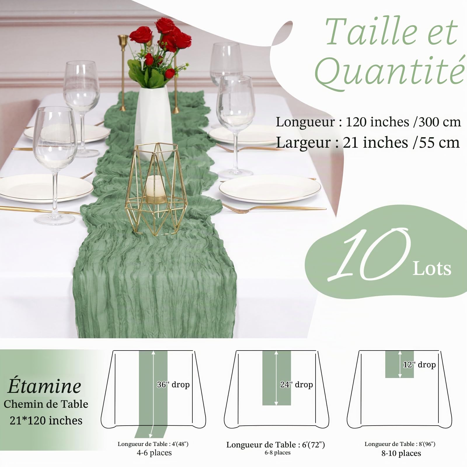 Lot de 10 Chemins de Table en Étamine, Chemin de Table Bohème en Gaze de 55 x 300 cm, Tissu Rustique en Gaze pour Mariages Festivals Remises de Diplôme Dîners Fêtes en Plein Air (Vert Sauge)