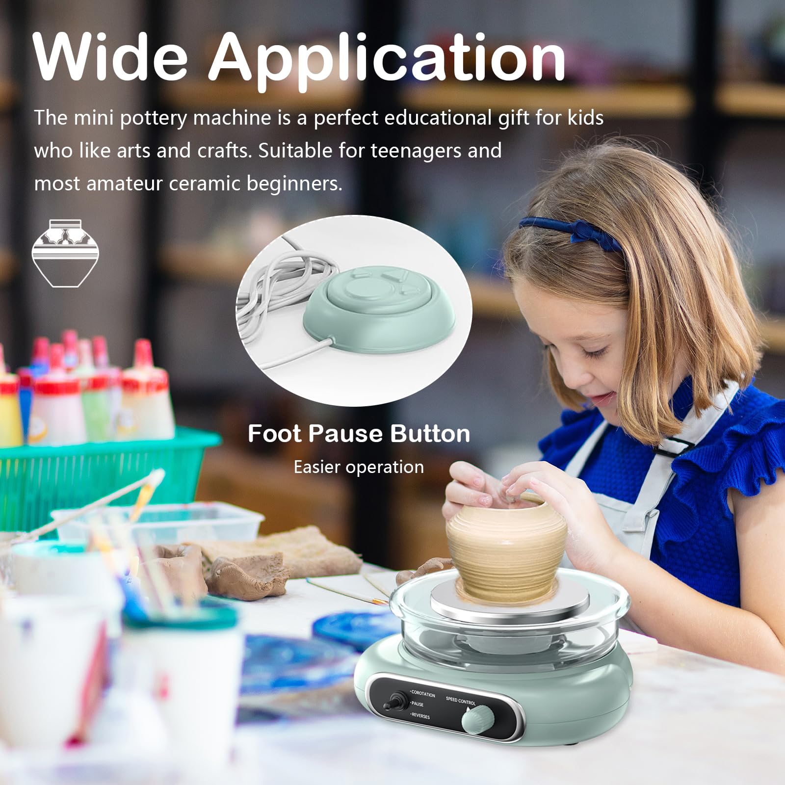 Kit de Poterie pour Enfants, Mini Tour de Poterie Électrique, Machine à Poterie Travail Céramique DIY Double Contrôle avec Pédale Machine Tour Argile Amovible, pour Débutants Activité Manuelle