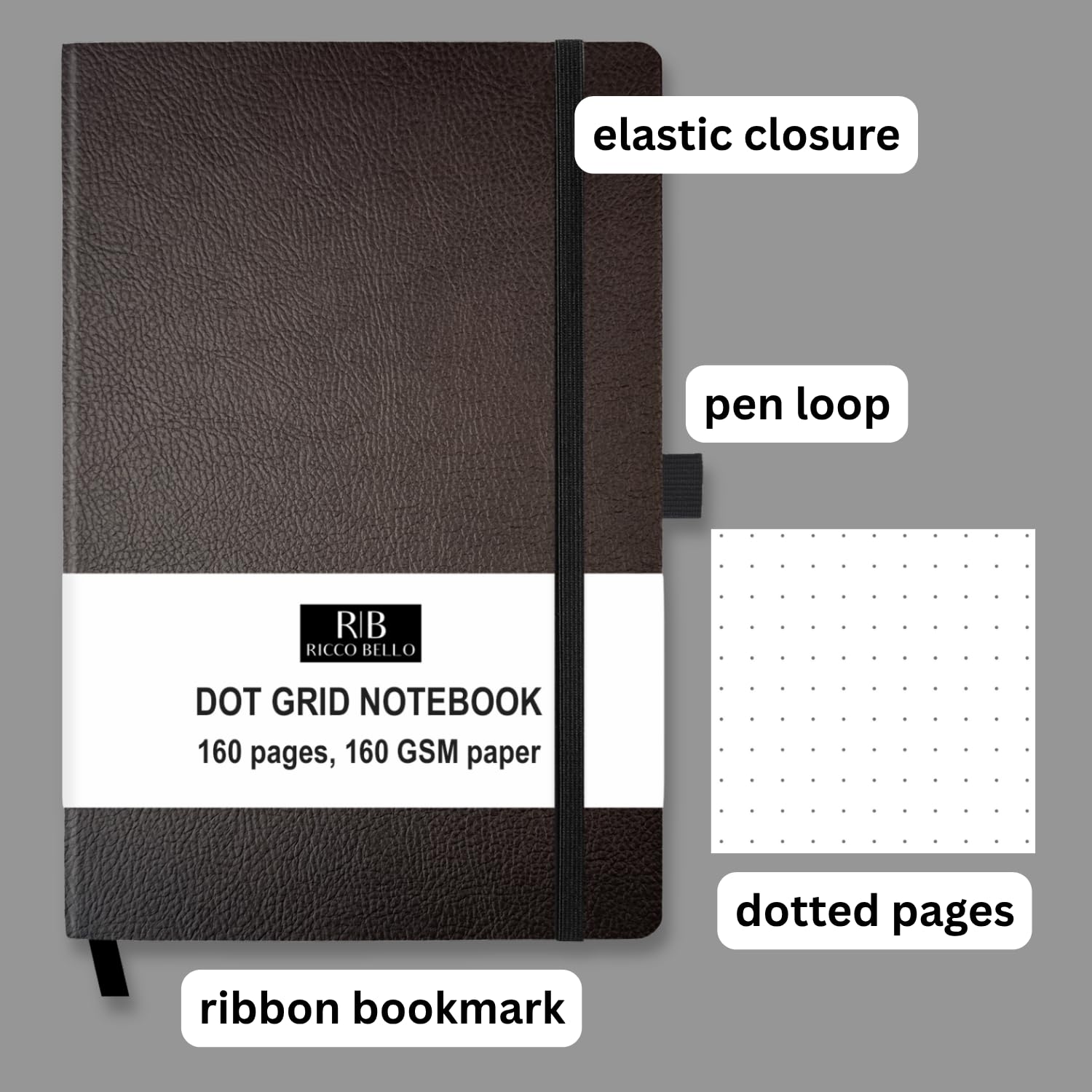 RICCO BELLO Hardcover Dot Grid Bullet Style Journal Notizbuch, flaches Design, 14,5 x 21,3 cm, dickes 160 g/m² Papier, 160 Seiten (Dunkelbraun)