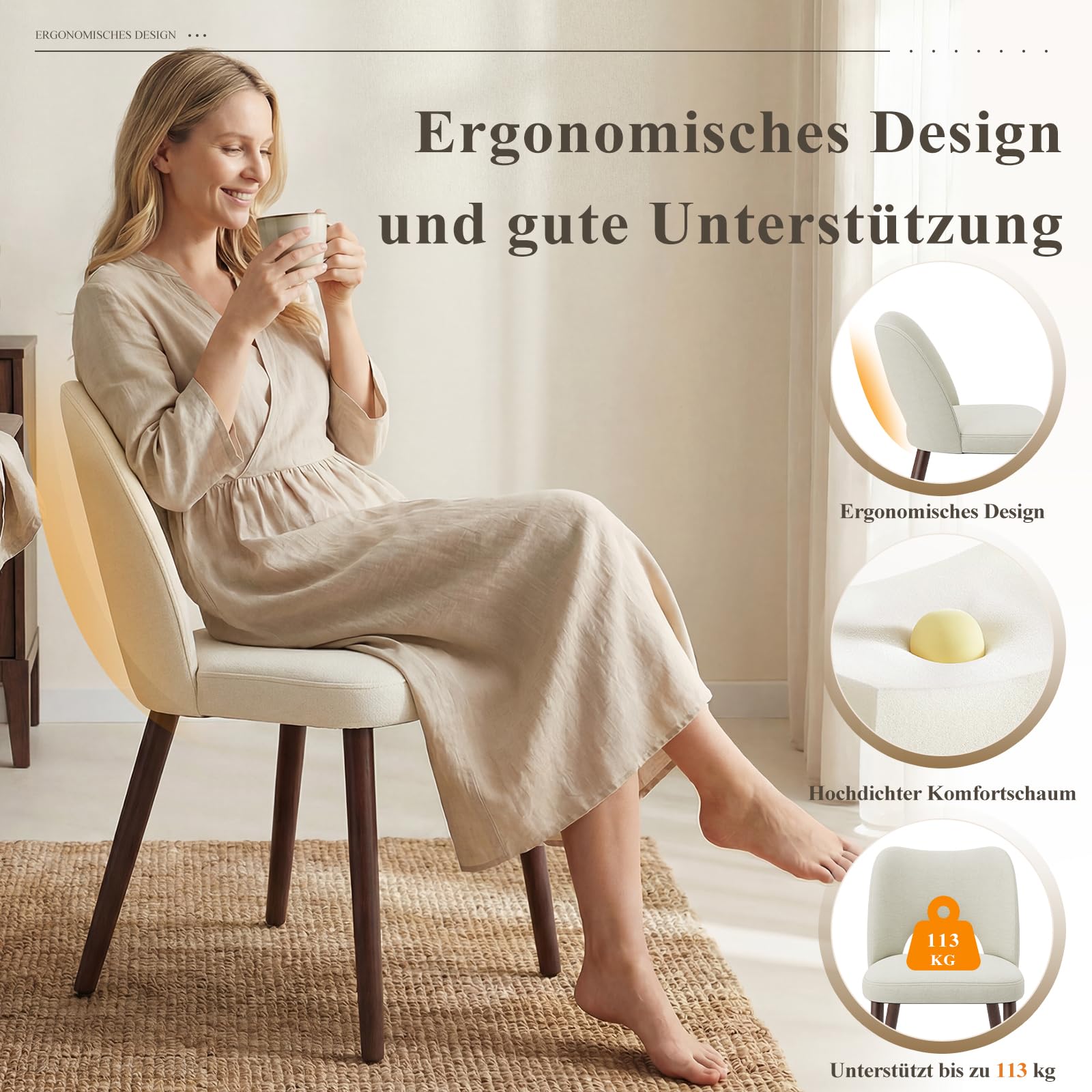 MALOL Esszimmerstühle 4er Set, Moderne Esszimmer Stühle, Ergonomisch Gepolsterte Küchenstühle mit Vertikal Gestreifter Rillenlehne, Polsterstühl für Esstisch Wohnzimmer Café Restaurant, Beige