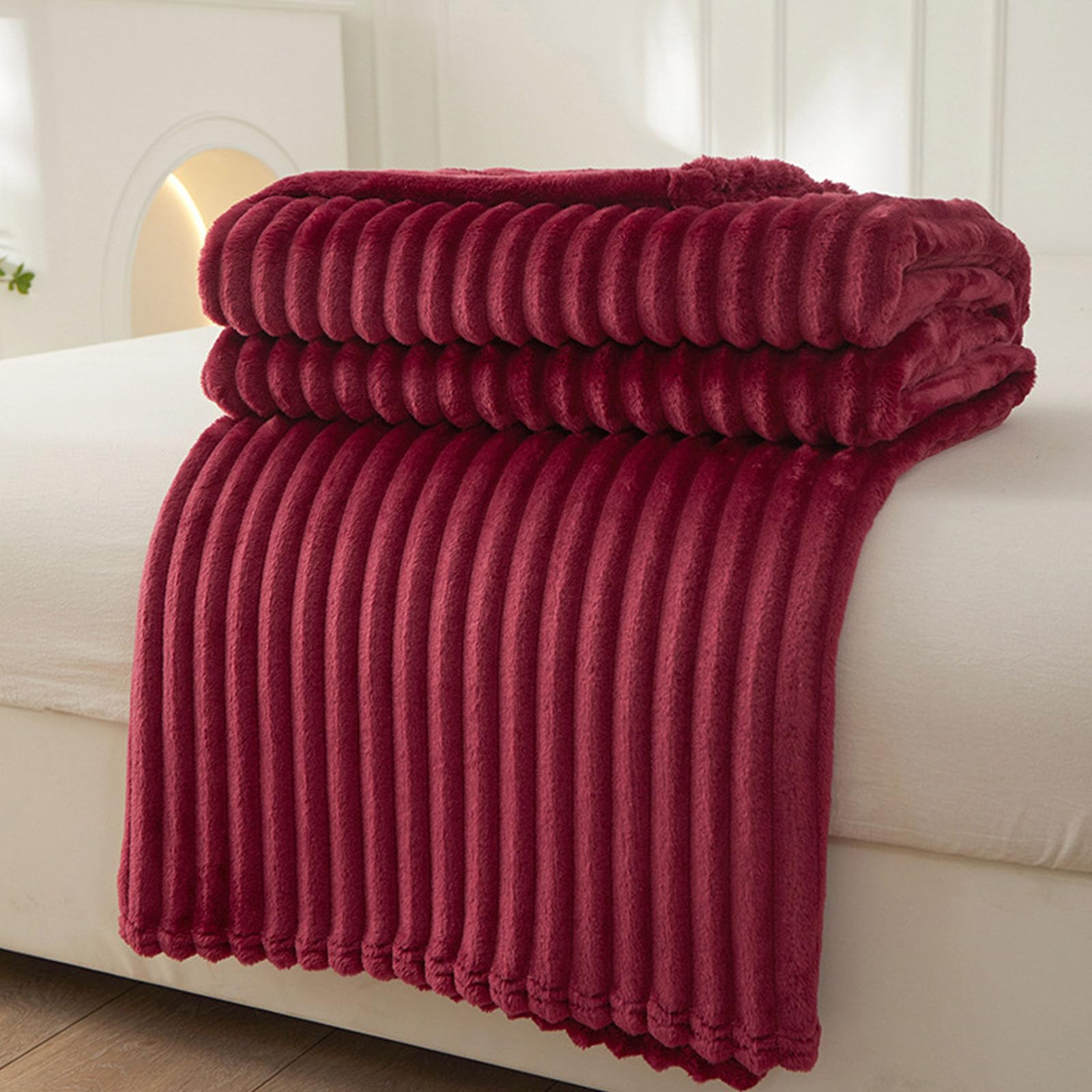 DOTBUY-SHOP Flannel Blanket Soft Throw Blanket, Striped Solid Color Blankets and Throws, Warm Flannel Throw fit all Season, Flannel Blankets for Sofas, Bed, Travel (180x200cm,Claret) — image 1