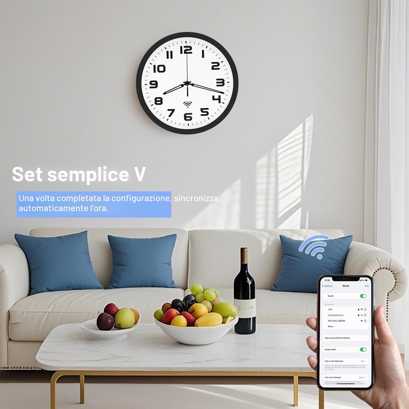 OCEST Orologio da parete analogico intelligente Wi-Fi da 25,4 cm, sincronizzazione e ora automatica, silenzioso, senza ticchettio, funzionamento a batteria, ampio display, facile da leggere, per casa