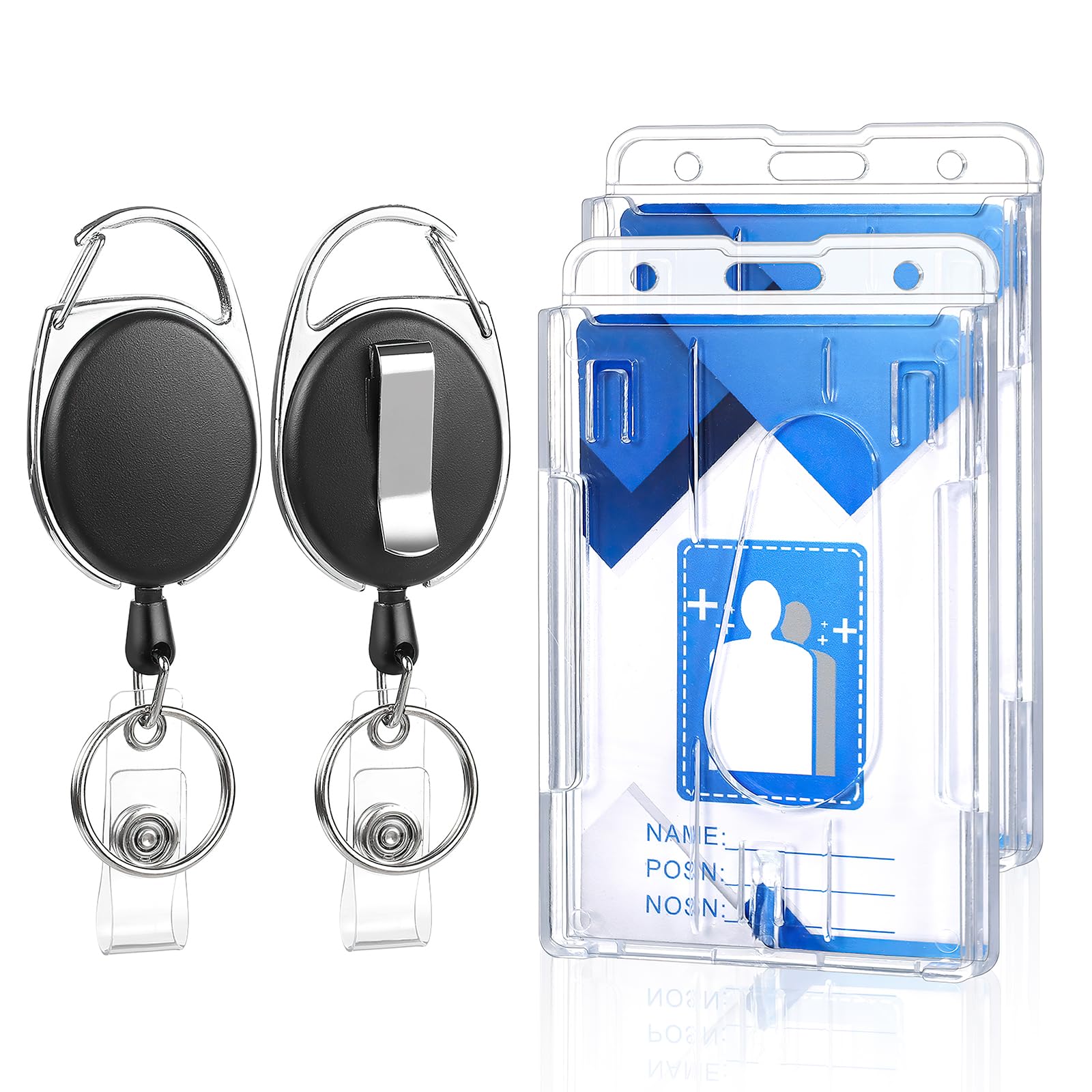 2 Set Badge Holder Retractable Clip Heavy Duty Reels with Clear Vertical ID Card Badge Holders Thumb Slots Hard Transparent PC Case for Work Office