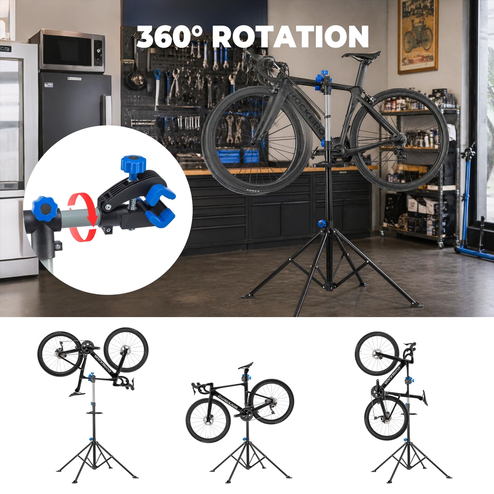 ROCKBROS Cavalletto Manutenzione Bici, Supporto Riparazione Biciclette Pieghevole con Vassoio, Rotazione a 360°, Altezza Regolabile, Portata Max 30 kg, per MTB, E-Bike