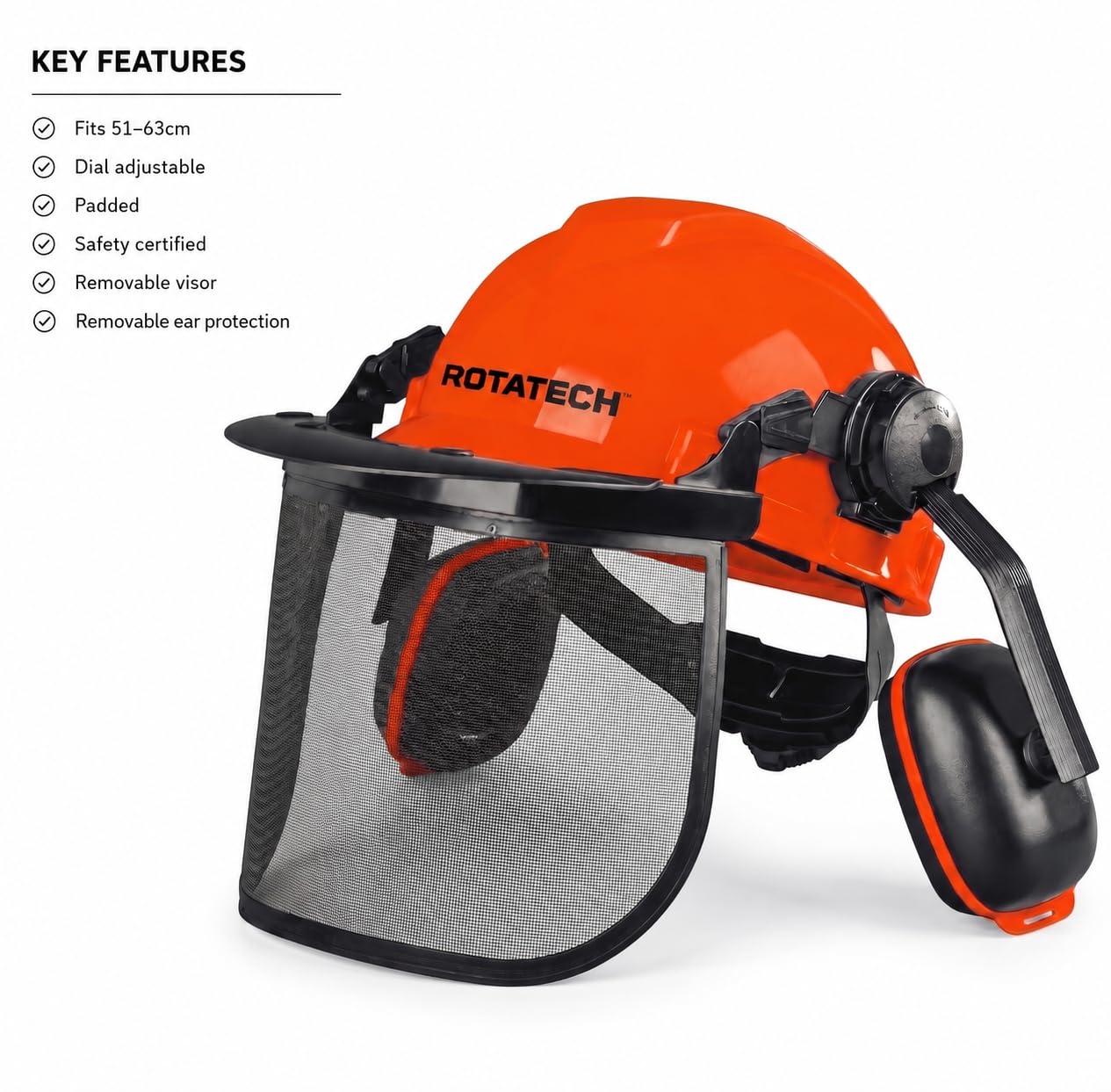 Rotatech Kettensägenhelm mit Mesh-Visier & Gehörschutz | Kettensägenschutzhelm | EN397 Sicherheitshelm | EN1731 Mesh-Visier | EN352-3 Gehörschutz | verstellbar 51-63 cm