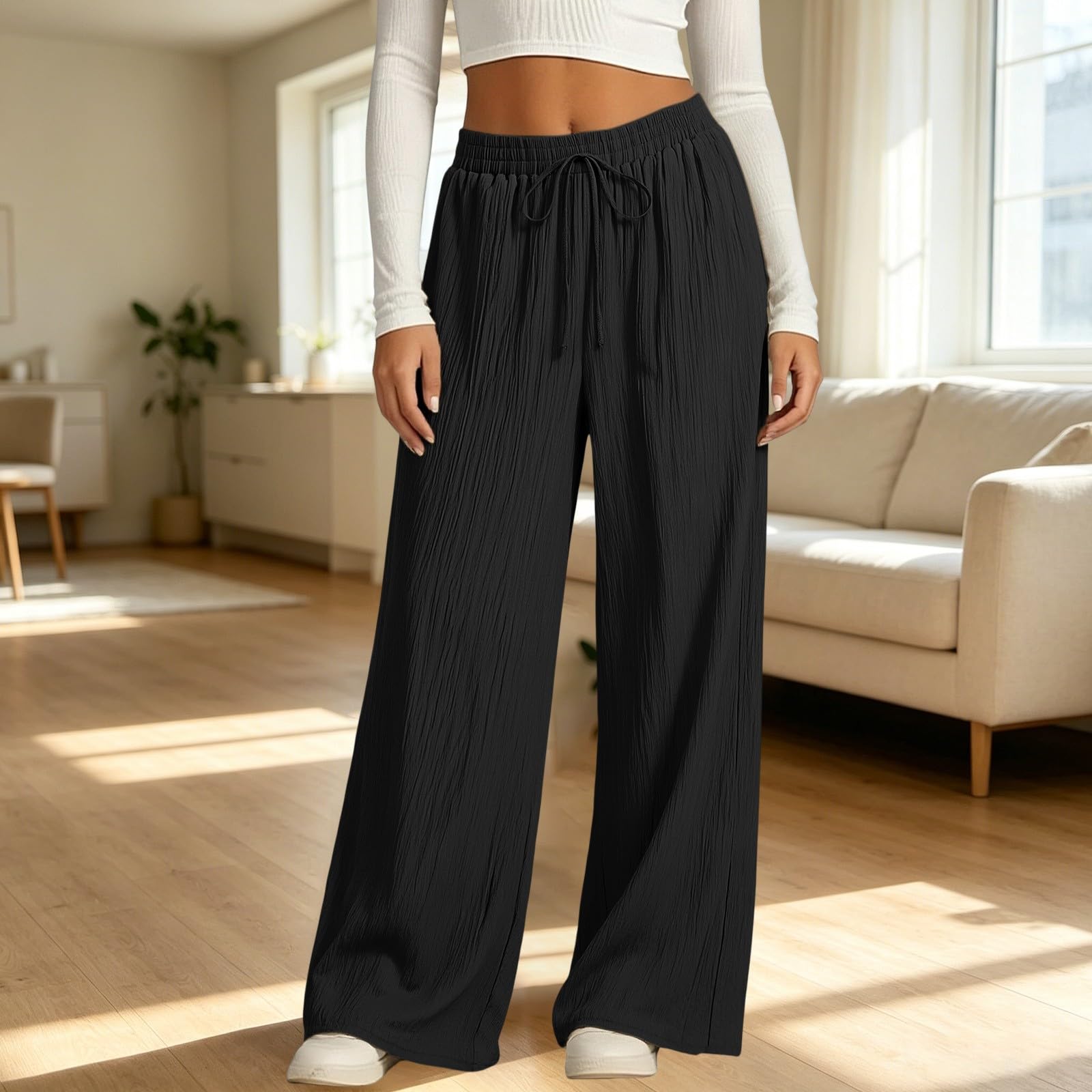 Generisch Pantalon long en mousseline pour femme - Pantalon d'été Palazzo élégant - Léger et aéré - Couleur unie - En coton - Pantalon de plage - Pantalon de loisirs - Élastique - Avec cordon de