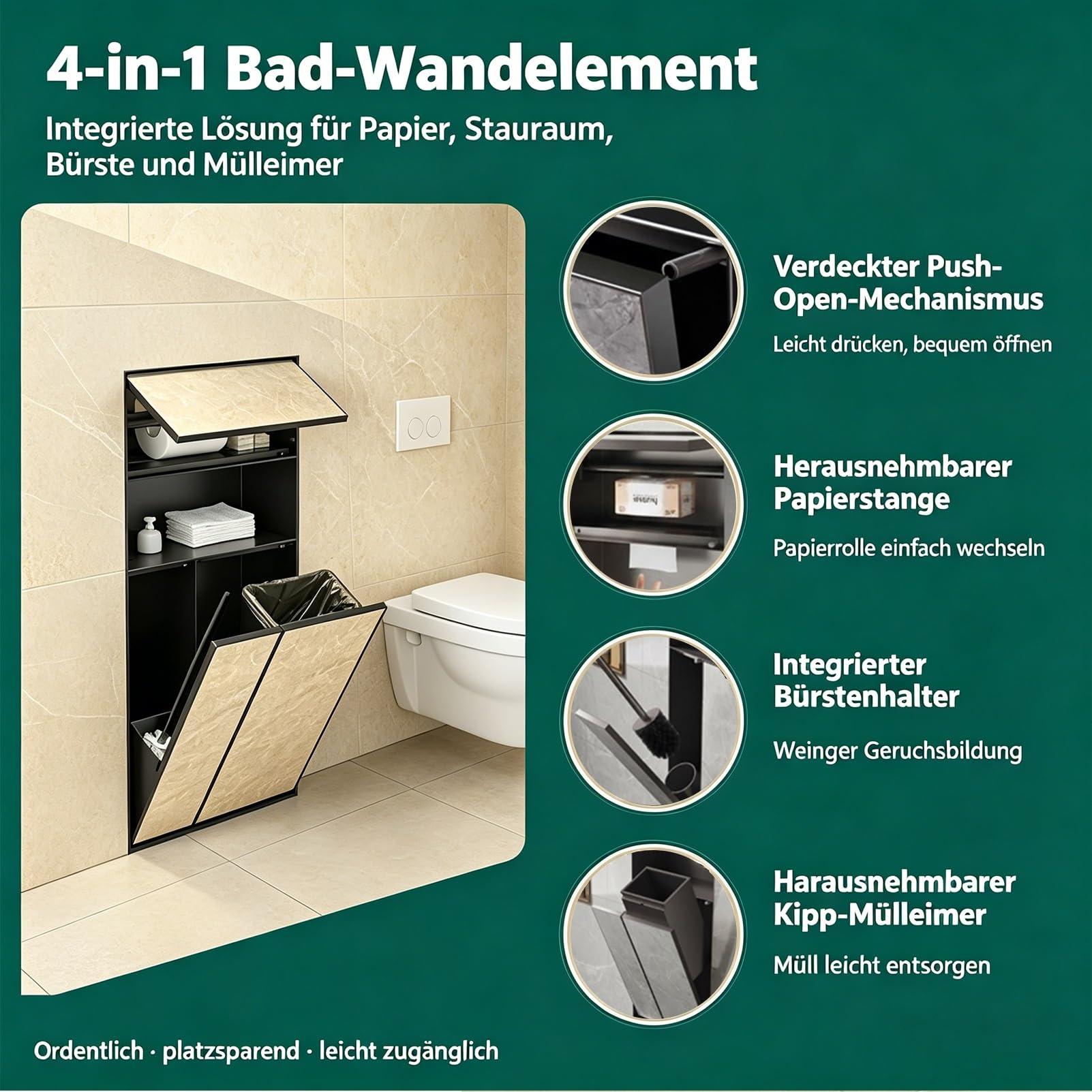 Unterputz Toilettenpapierhalter, Unterputz WC Modul mit Toilettenpapierhalter, Integrierter Mülleimernische und Toilettenbürstenhalter, Eingelassenes Wandregal für Badezimmer, Ohne Fliesen