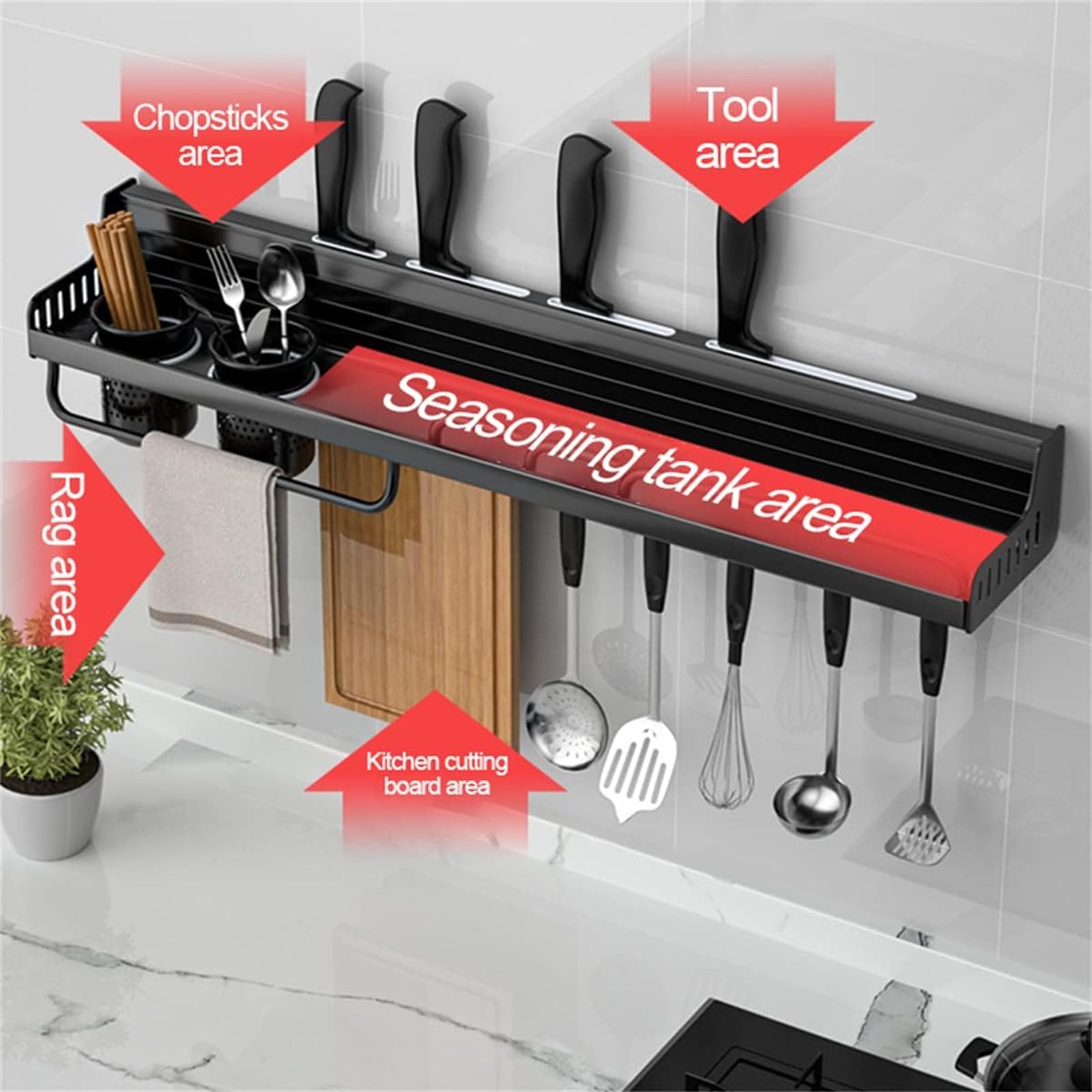 Regał kuchenny do przechowywania, montowany na ścianie stojak na przyprawy, uchwyt na nóż, aluminiowy stojak kuchenny bez otworów, 2 kubki z 8 haczykami, półka na stojak do przechowywania