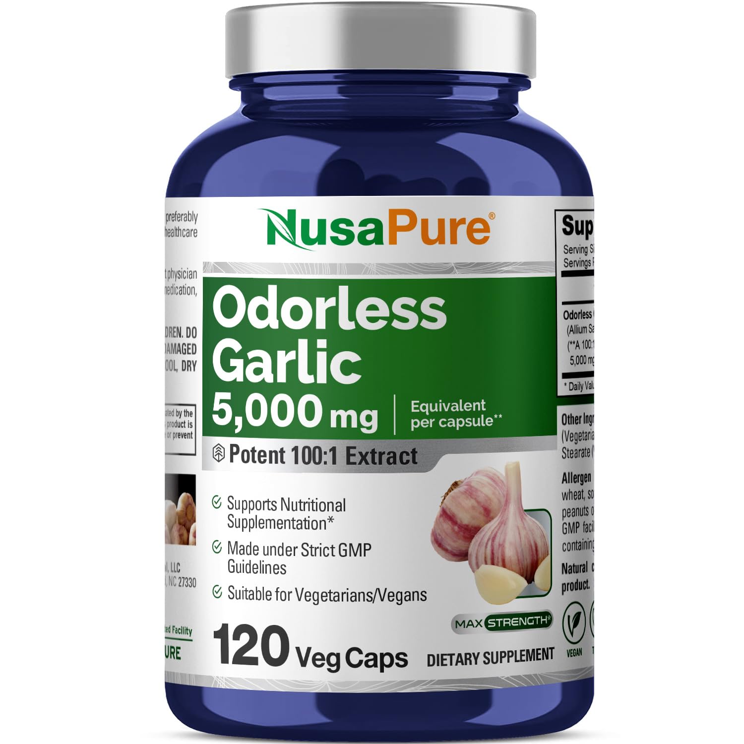 Odorless Garlic 100:1 Extract, 50 mg Equivalent to 5000mg Capsule | 120 Veggie Caps | High Potency | Herbal Supplement | Non-GMO