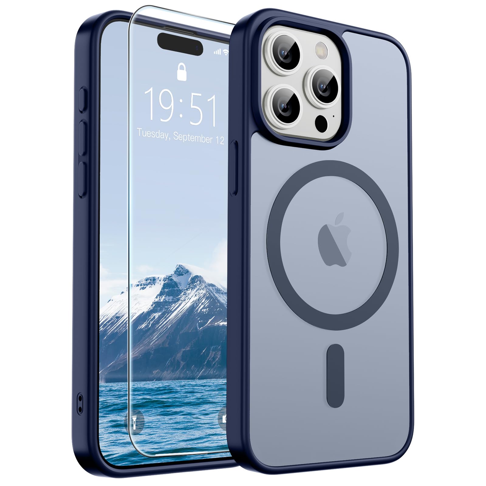 SUPFINE Magnetic for iPhone 15 Pro Max Case Navy Blue | With Screen Protector, Translucent Matte, Compatible with MagSafe, Military Grade Drop Proof, Rugged Shockproof Protective