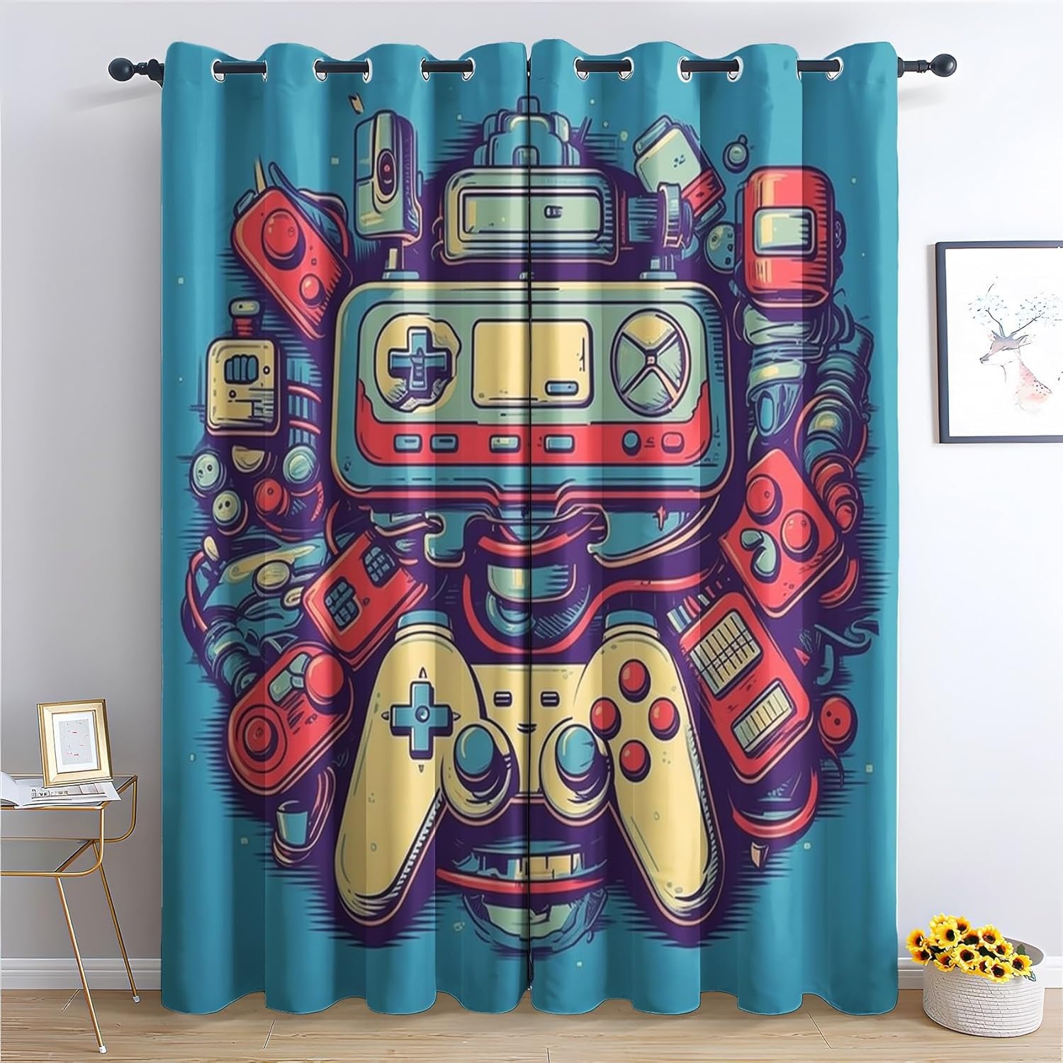 TMMDH Cortinas Opacas Gamer, Cortinas Salon Modernas 2 Piezas 132x137 CM Dibujos Animados Cortinas Termicas Aislantes Frio y Calor Blackout Curtains con Ojales Cortinas para Dormitorio/Comedor