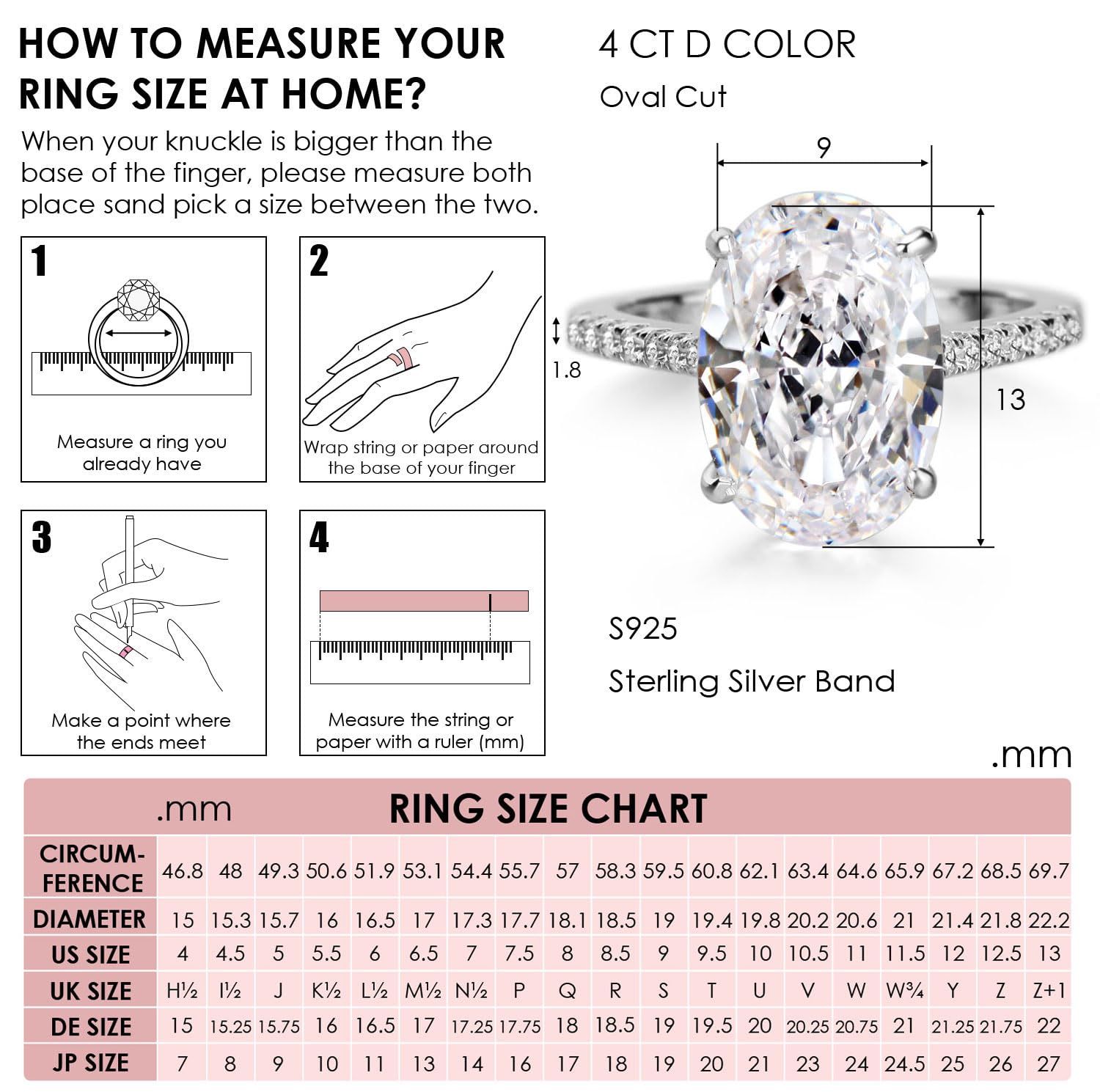 Anillo de compromiso de mujer de corte ovalado de 4.0 quilates, anillo de compromiso de diamantes de imitación, anillo de boda de plata de ley 925, Gema Metal, Zirconia cúbica 3