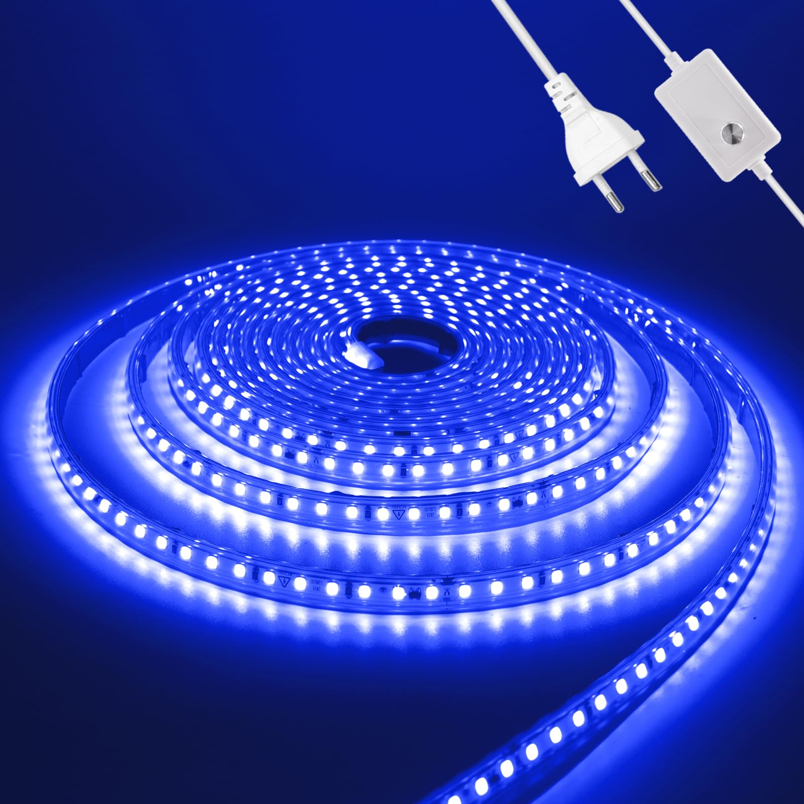 Dimmbar LED Streifen Selbstklebend, 20M 120LEDs/m 2835 SMD Flexible Superhell LED Band (Schnitt alle 10cm), Anschluss an AC220-240V Blau LED Leuchtband für Party Weihnachten Deko