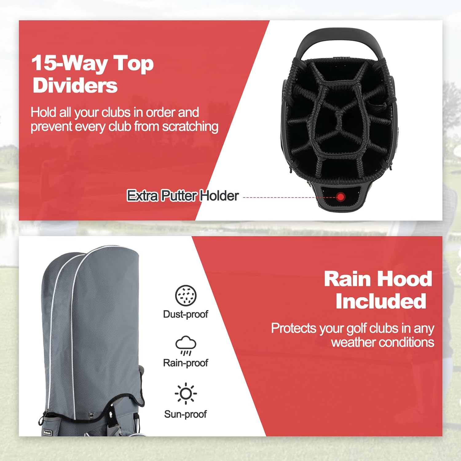 GYMAX Golf Cart Bag, 15-Way Divider with 7 Pockets, Rain Hood, Umbrella Holder & Gloves Stickers, Unisex Adults Golf Clubs Bag