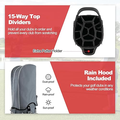 Miniatura 9 de GYMAX Bolsa de golf, bolsa de carrito de golf con divisor de 15 vías con 7 bolsillos con cremallera, 2 bolsillos de fieltro impermeables, bolsa de