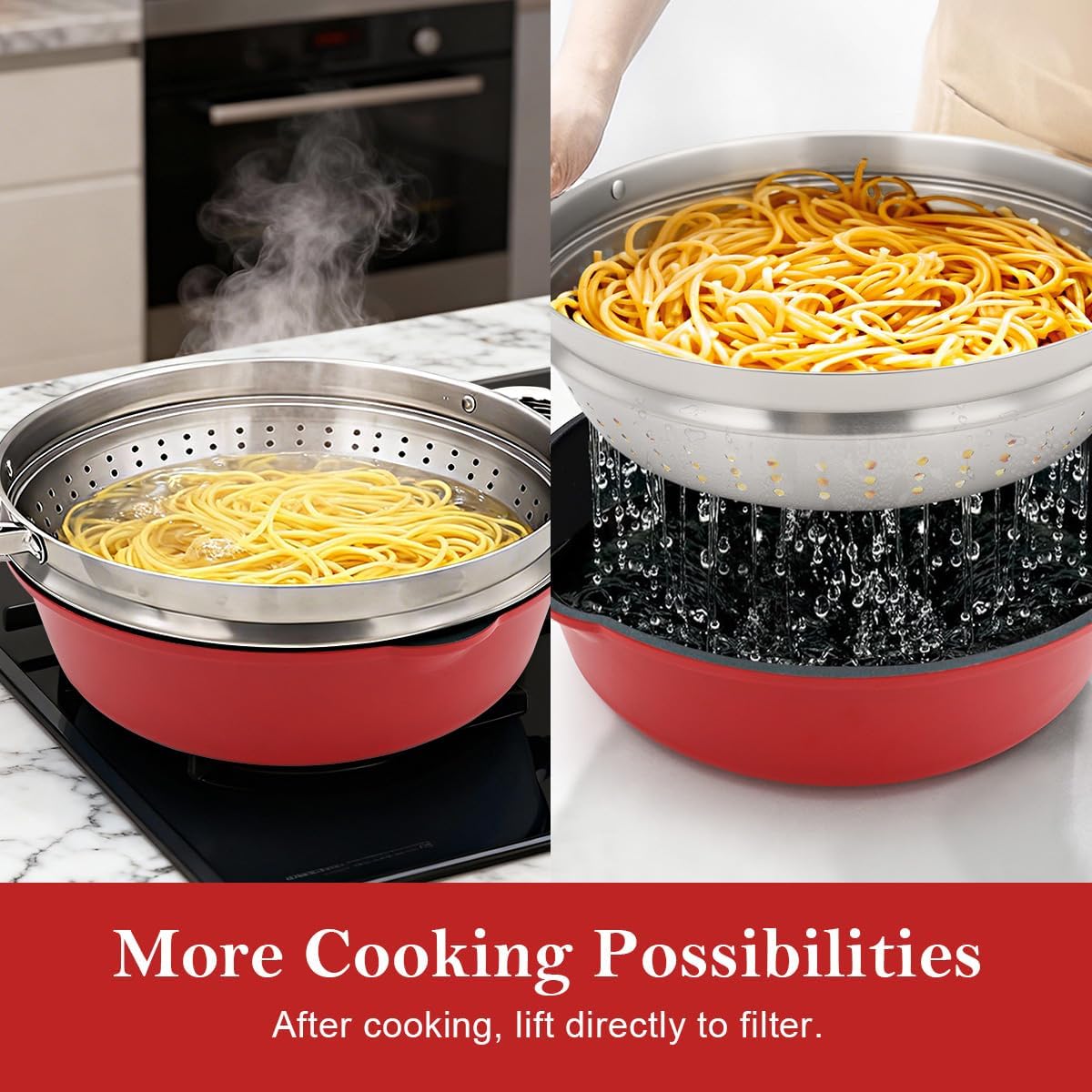 12-Inch Non Stick Deep Frying Pan Skillet with Steamer, 5 QT Nonstick Saute Pan with Lid & Detachable Handle, Induction Cooking Pan, Compatible with All Cooktops, Oven Safe, PFOA Free, Red