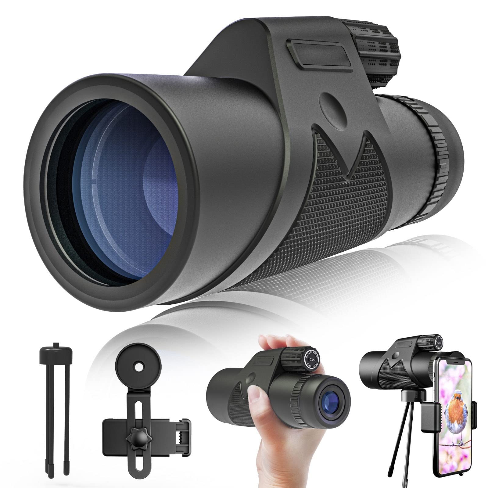 Telescopio monocular HD 12x42 impermeable con trípode para móvil 8