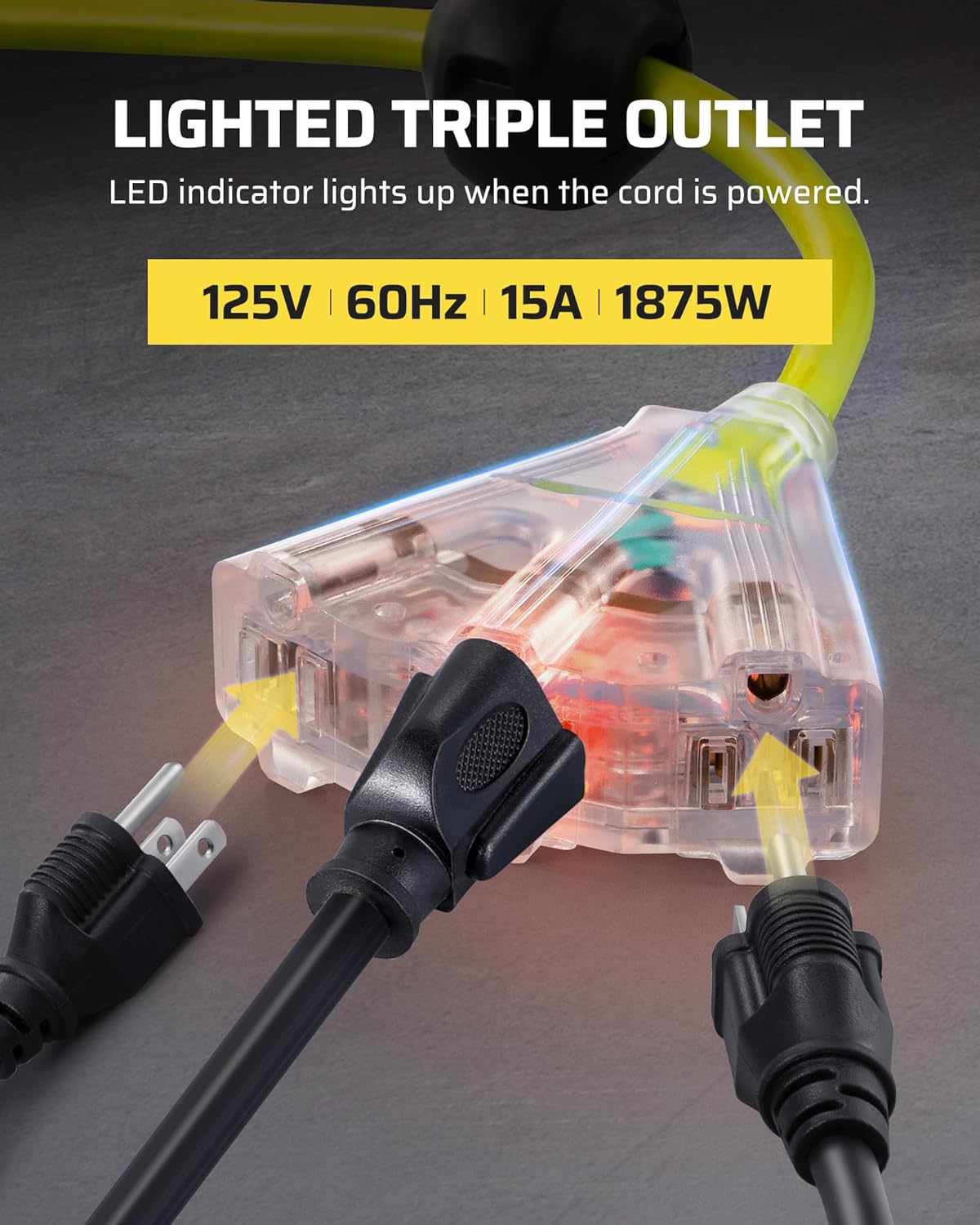 DEWENWILS Retractable Cord Reel, 60FT Heavy Duty Extension Cord, 12AWG/3C SJTOW, 3 Grounded Outlets Lighted Triple Tap, 15A Circuit Breaker, Wall/Ceiling Mounted for Garage, Workshop, UL Listed