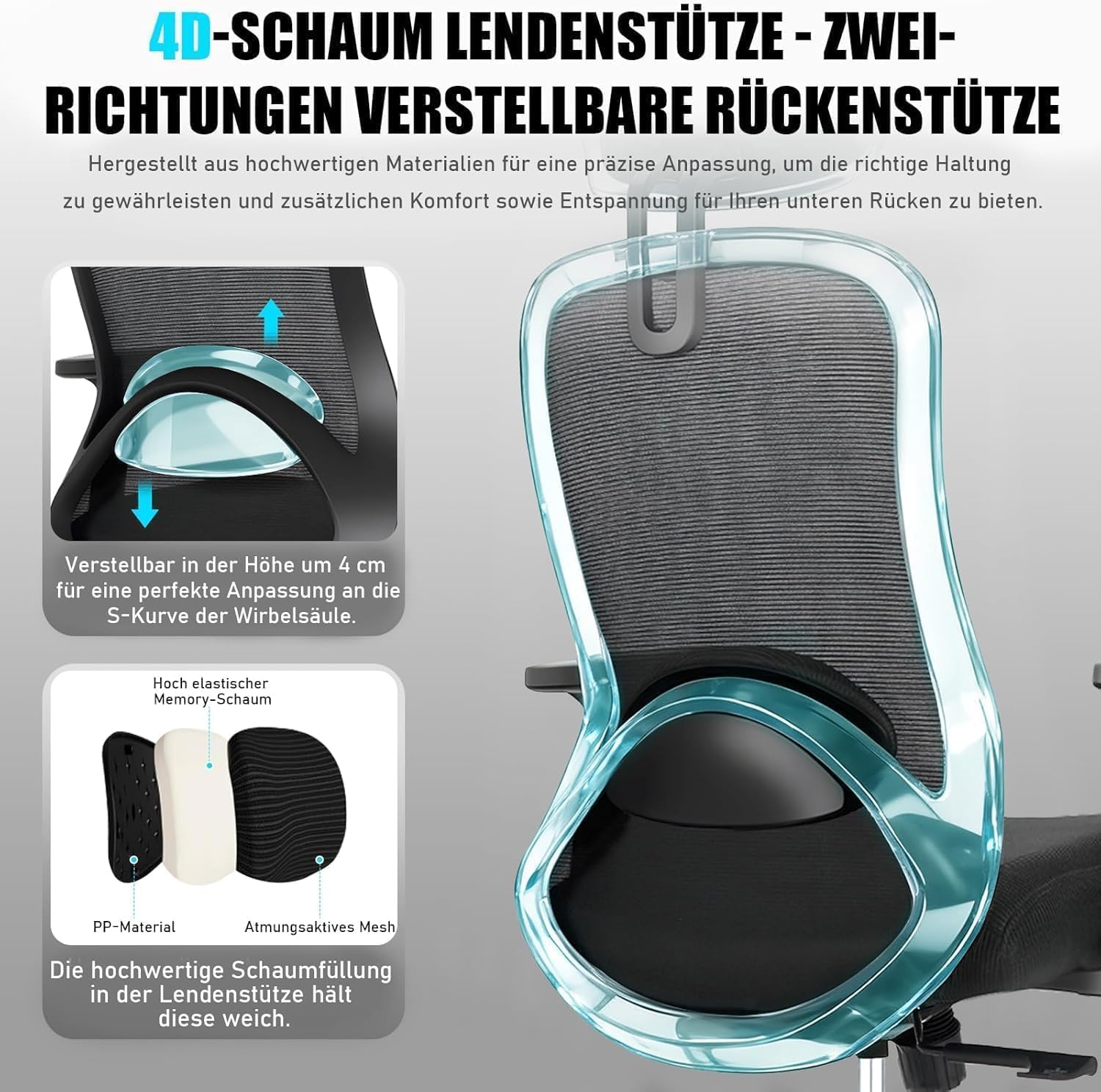 Milacyee Bürostuhl, Ergonomischer Bürostuhl mit Verstellbarer 4D Lendenwirbelstütze, Schreibtischstuhl mit Kopfstütze, Drehstuhl mit 90°-130° Liegefunktion (Abschließbar), Netzstuhl bis 150KG, Schwarz
