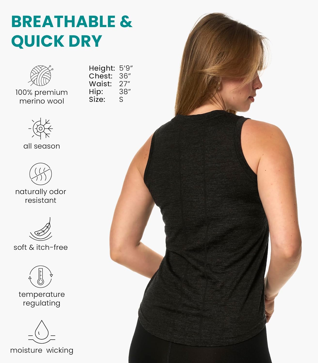 Merino Wool Tank Top Women - Active Merino Wool Undershirt Moisture Wicking Breathable Anti-Odor Lightweight Base Layer - Image 2
