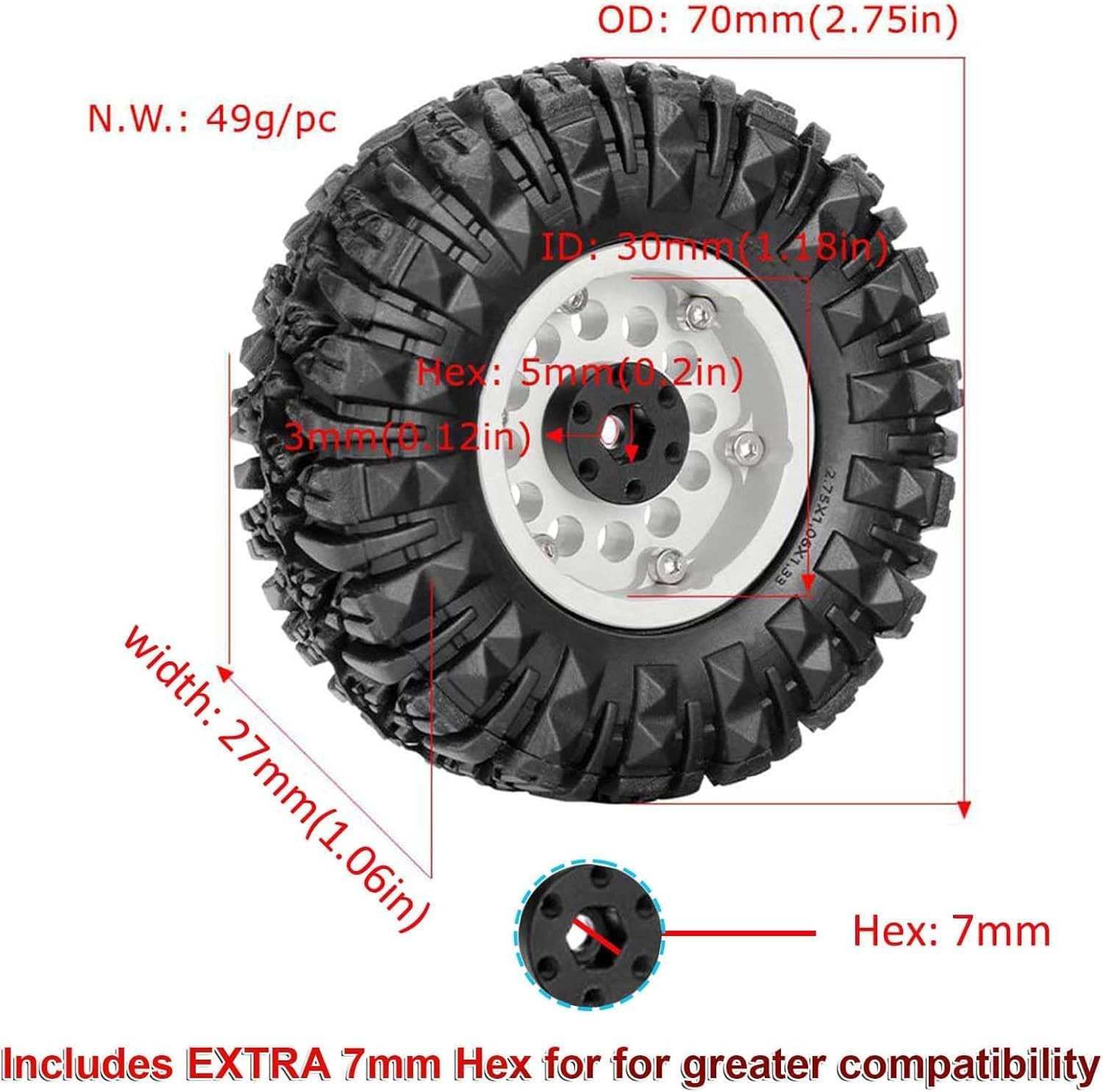 4PCS 1.3" Aluminum Alloy Beadlock Wheel Rims All-Terrain Tyre 70mm Rubber Tires Set with 5mm & 7mm Hex for 1/12 1/14 1/18 1/24 RC Rock Crawler Car Upgrade Parts (B-Brown)