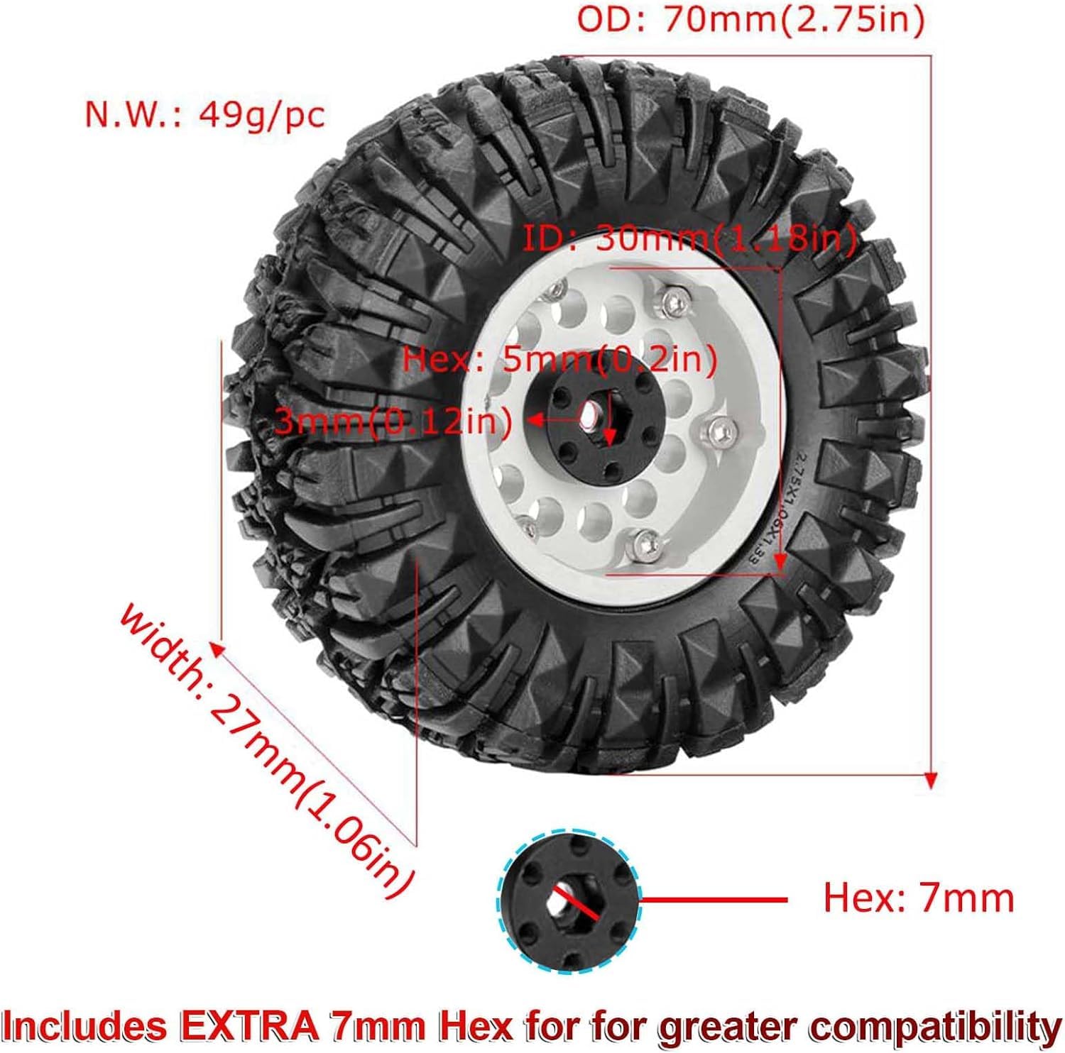 KINGCOO 4PCS 1.33" Aluminum Alloy Beadlock Wheel Rims All-Terrain Tyre 70mm Rubber Tires Set including 5mm & 7mm Hex for 1/12 1/14 1/18 1/24 RC Rock Crawler Car Upgrade Parts (A-Silver) - Image 4