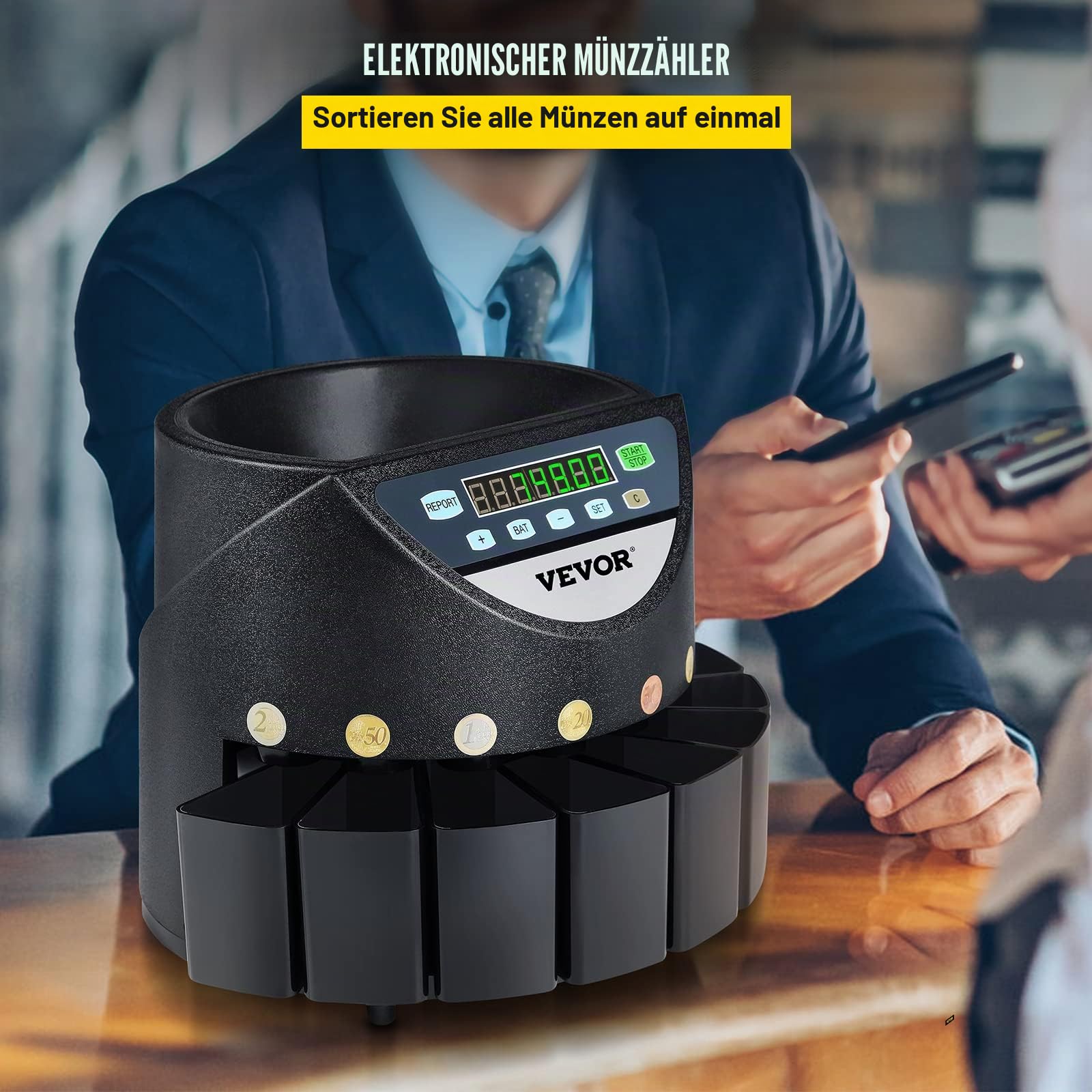 VEVOR Euro Münzzähler Sortierer 500-1000 Münzen Elektronische Automatik EUR Münzzählmaschine 300 Münzen pro Minute mit 8 Münzschubladen für Schulladenbank, schwarz