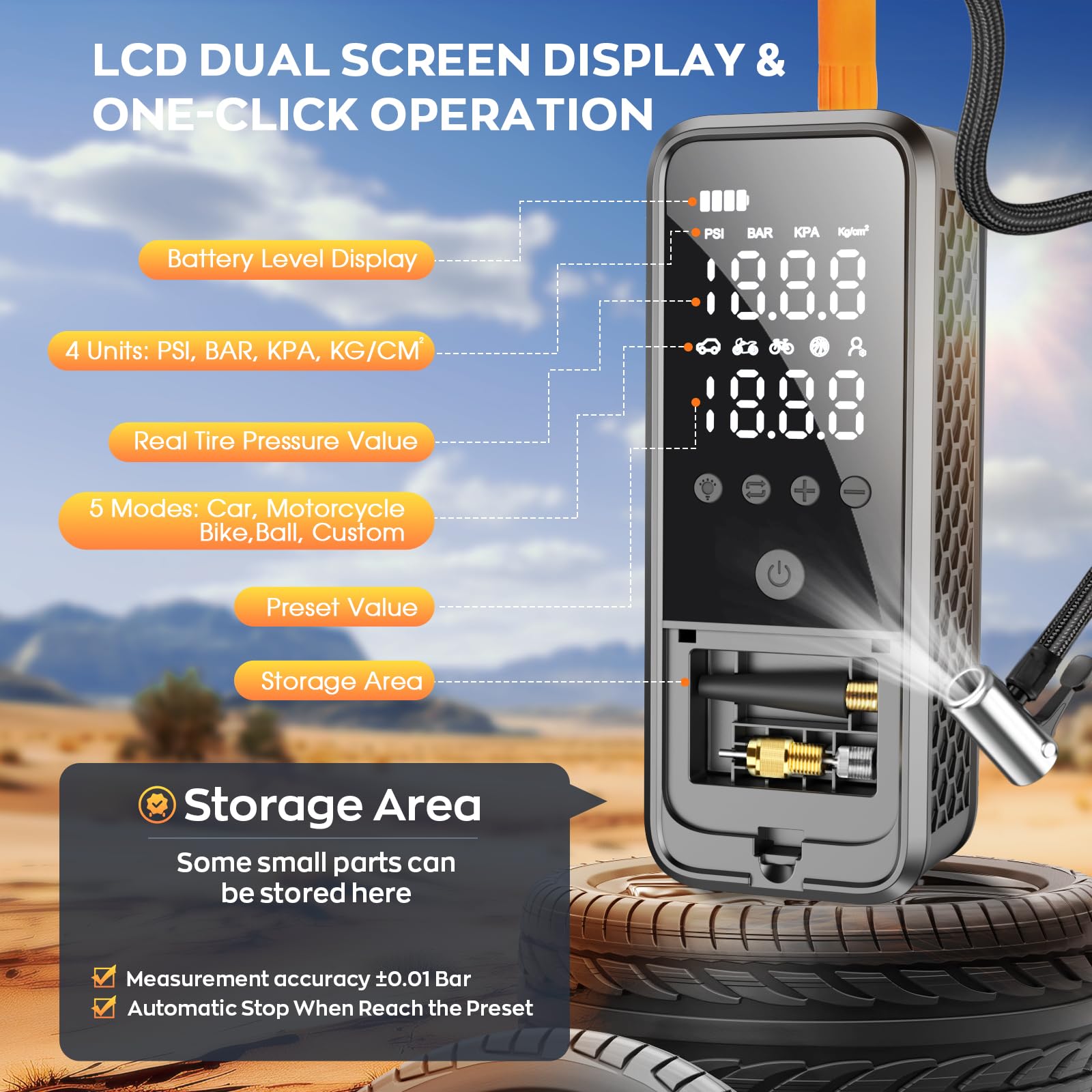 Tire Inflator Portable Air Compressor Portable Air Pump with Tire Gauge Pressure LED Light Air Pump for Car — view 3