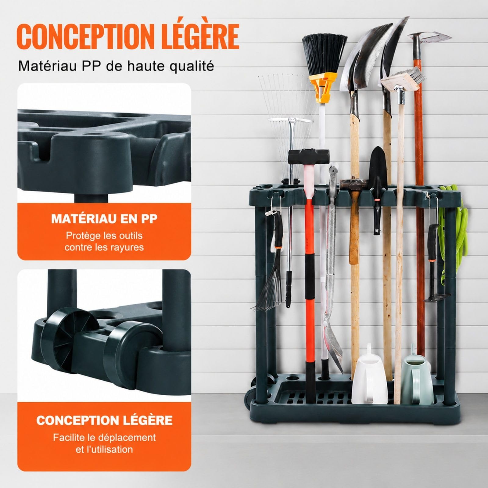 Support Range Outils de Jardin en PP, 10 emplacements, pour Garage et Jardin